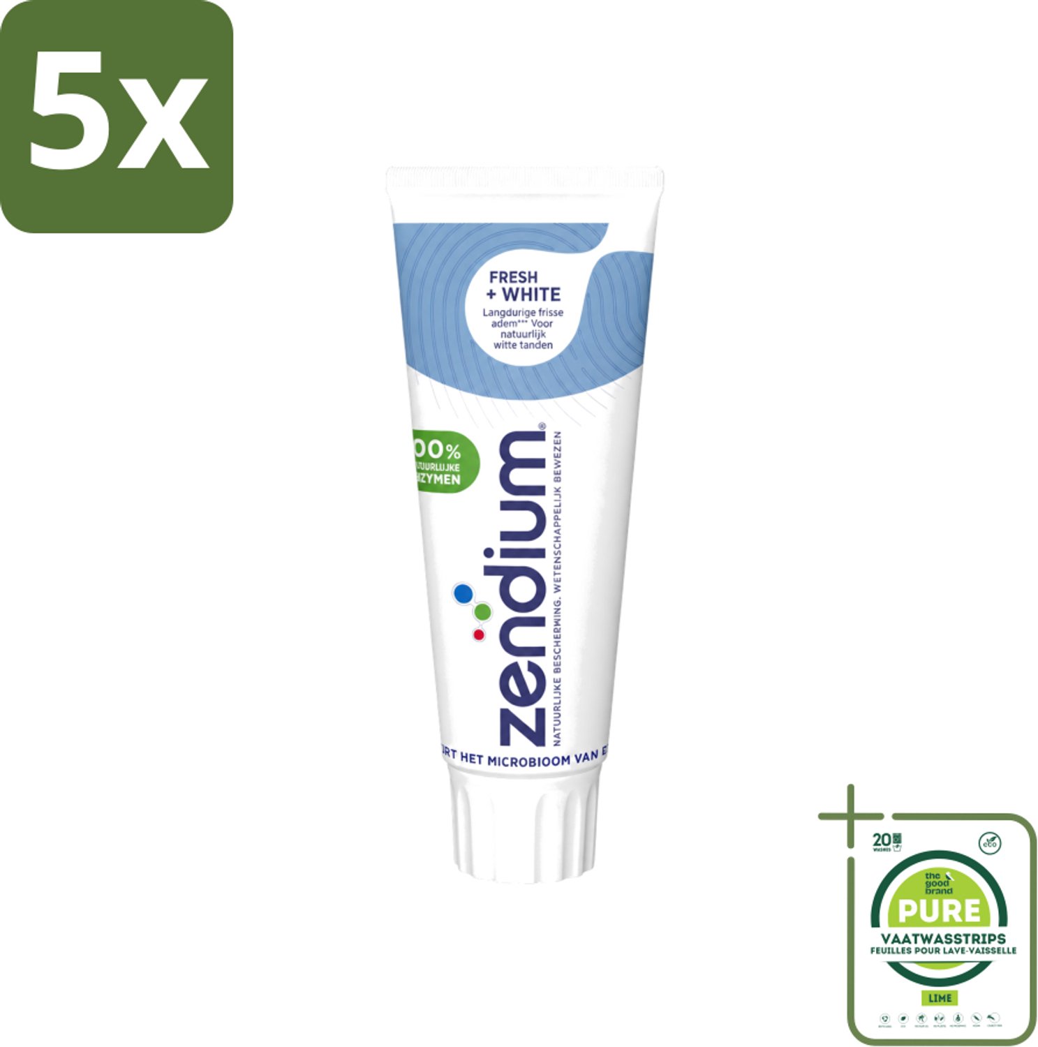 5 x Zendium - Tandpasta - Fresh+ White - 75 ml - Grootverpakking - Vaatwasstrips - Tandpasta - Frisse Adem - Witte Tanden - Enzymen - Fluoride