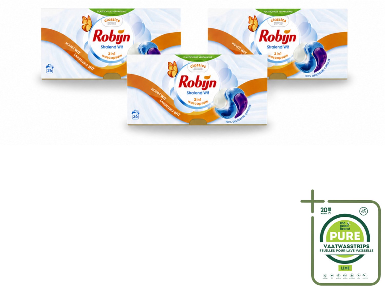 3 x Robijn – 3-in-1 Wascapsules – Stralend Wit - 26 Capsules - Grootverpakking - Vaatwasstrips - Wascapsules - Witte Was - Wasverzachter - Wasgeur - Wasbehandeling