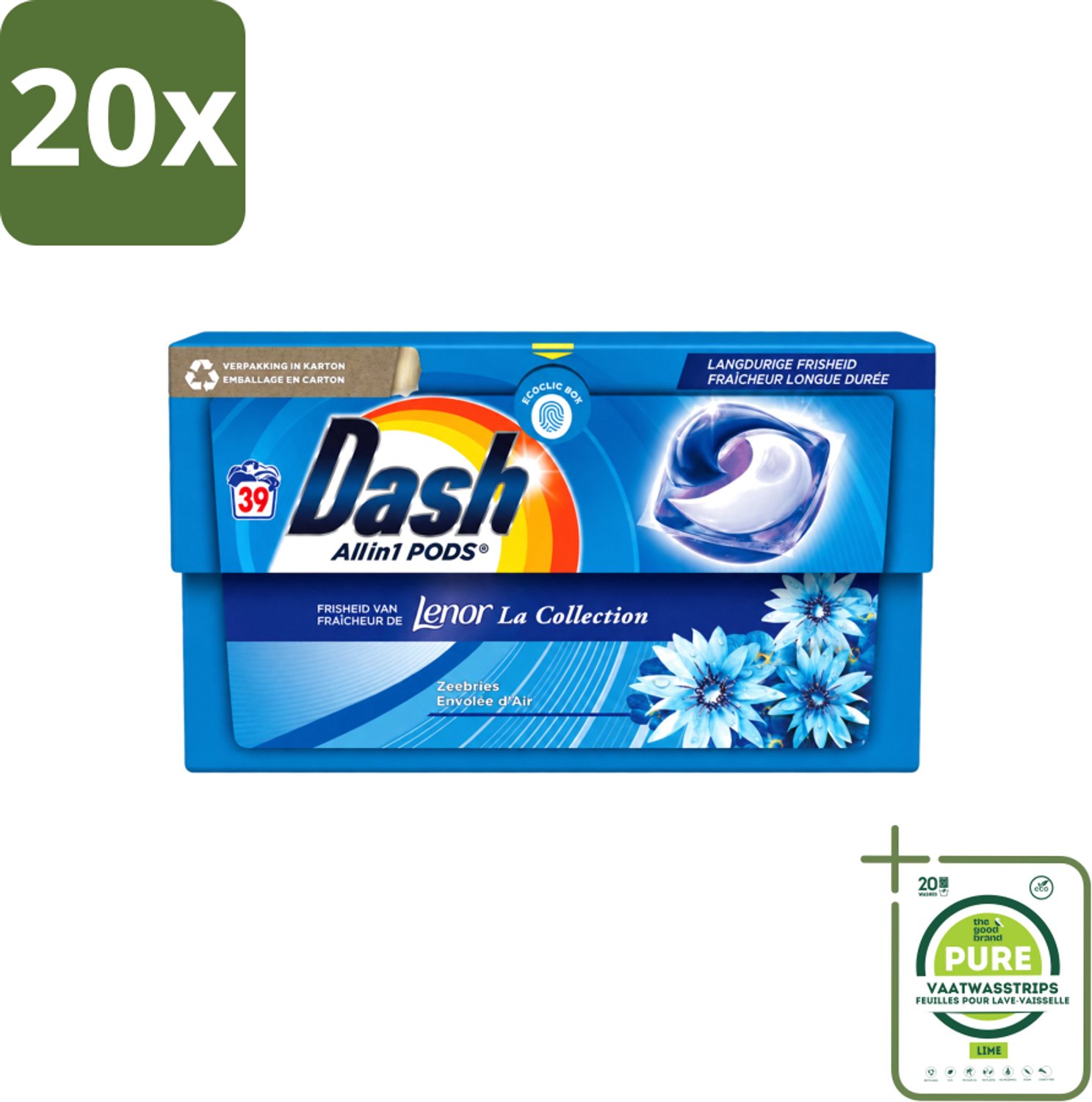 20 x Dash - Lenor Collectie - Wasmiddel Capsules - All-in-1 Pods - Witte en Gekleurde Was - 39 Wasbeurten - Grootverpakking - Vaatwasstrips - Wasmiddel Capsules - Frisheid - Zeebries Geur - Wasmachine - Wasbeurten