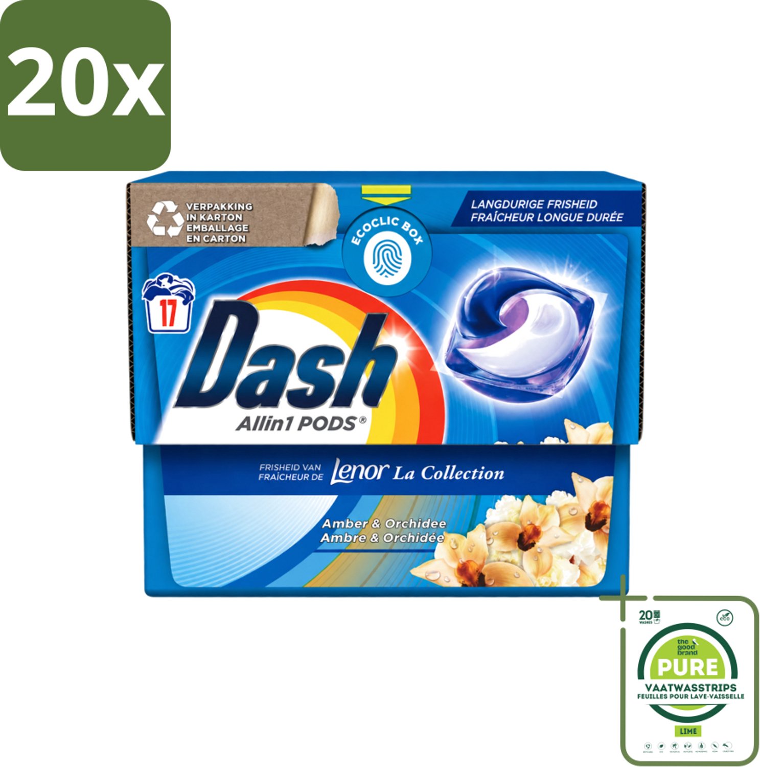 20 x Dash - Lenor Collectie - Wasmiddel Capsules - All-in-1 Pods - Witte en Gekleurde Was - Amber & Orchidee - 17 Wasbeurten - Grootverpakking - Vaatwasstrips - Wasmiddel Capsules - Wasbeurt - Vlekverwijdering - Geur - Wasmachine