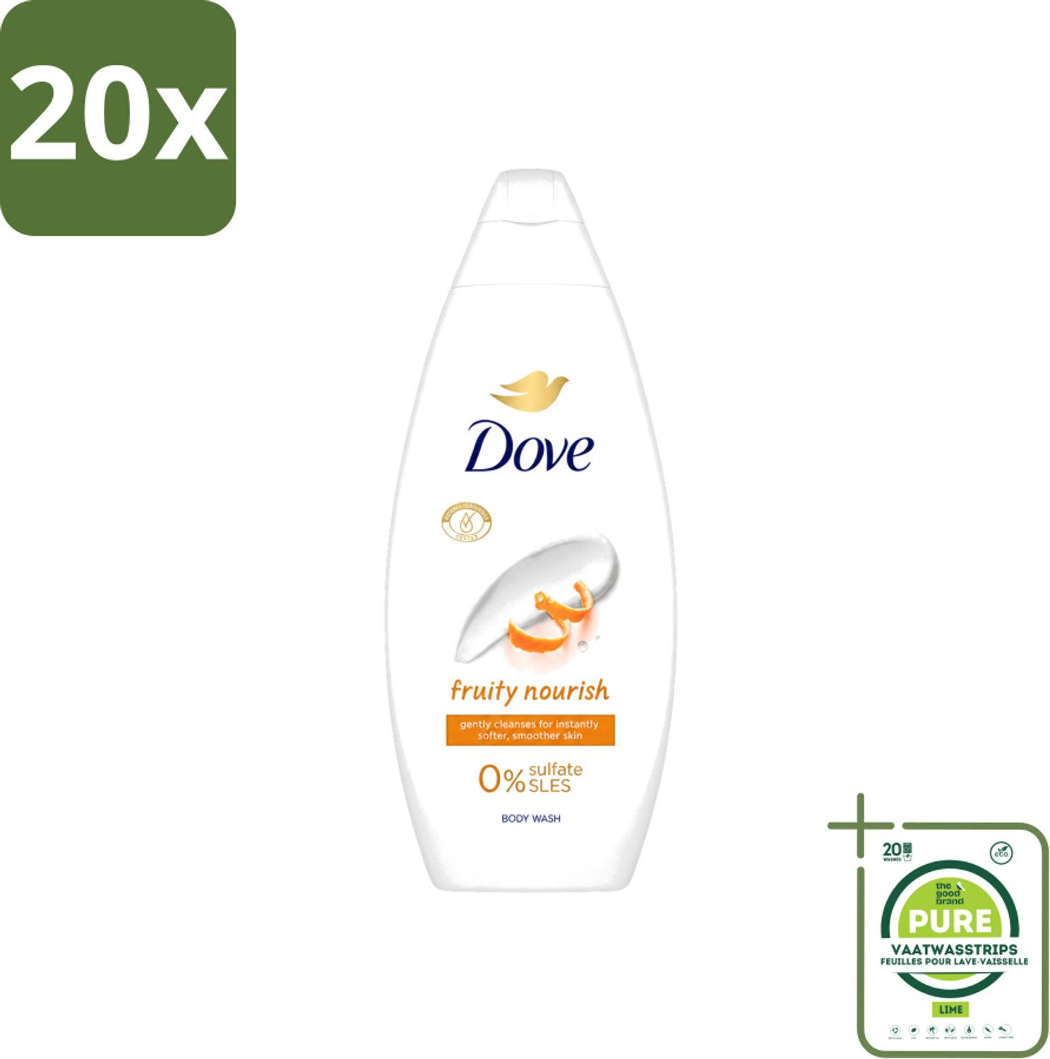 20 x Dove Fruity Nourish - Douchegel - Sulfaatvrij - 250 ml - Grootverpakking - Vaatwasstrips - Douchegel - Voedende Douchegel - Sulfaatvrije Douchegel - Fruitige Douchegel - Huidverzorging