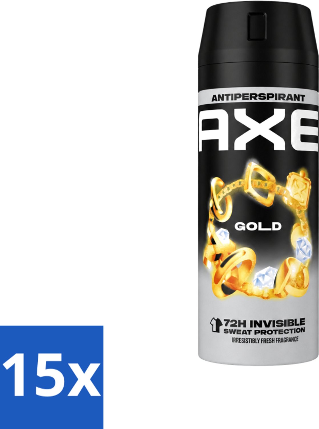15 x Axe - Deodorant Spray - 72hrs Anti Sweat - Anti White Marks - Gold - 150 ml - Voordeelverpakking - 15 stuks