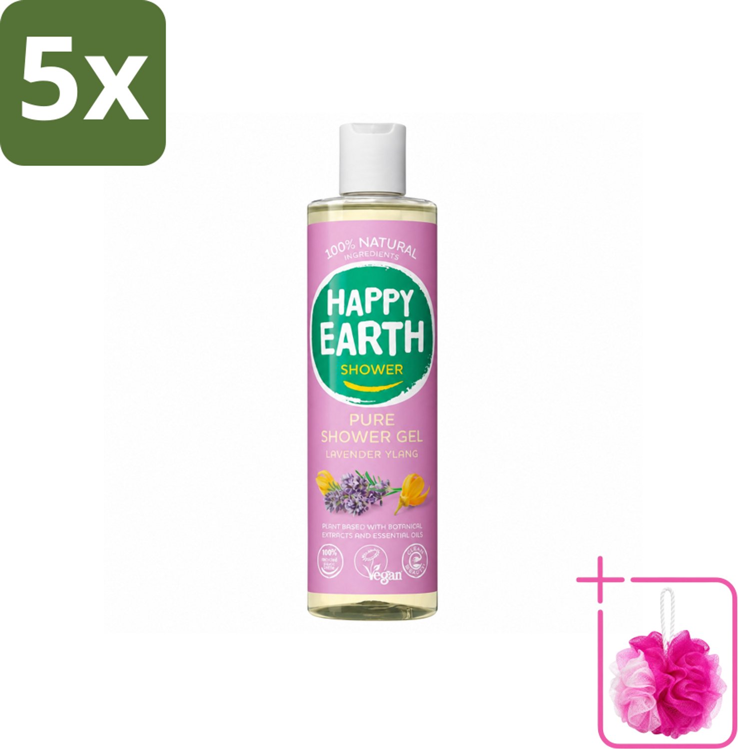 5 x Happy Earth – Douchegel – 100% Natuurlijk Lavender Ylang – 300 ml - Bulkverpakking - Douche gel - Douchemop - Natuurlijke douche