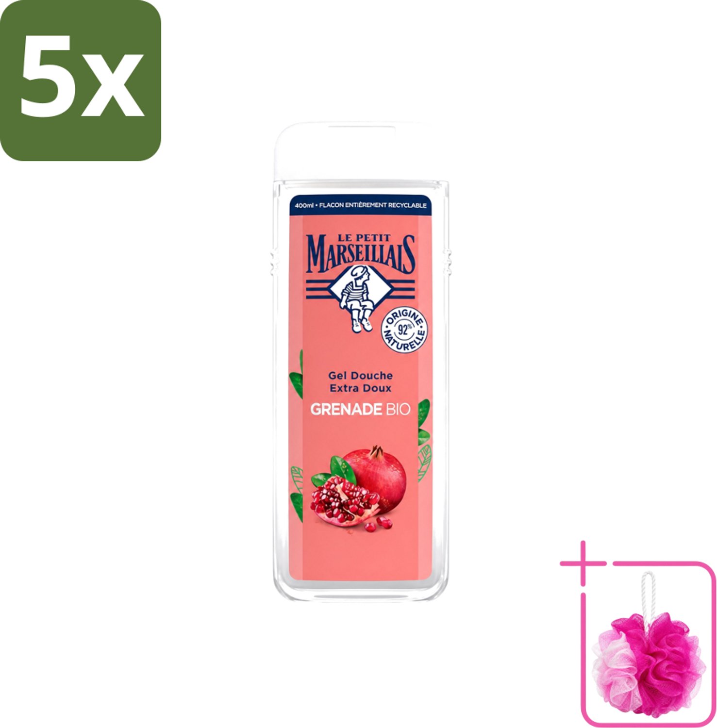 5 x Le Petit Marseillais – Douchegel – Grenade Bio – 400 ml - Bulkverpakking - Douchegel - Douchemop - Biologische douchegel
