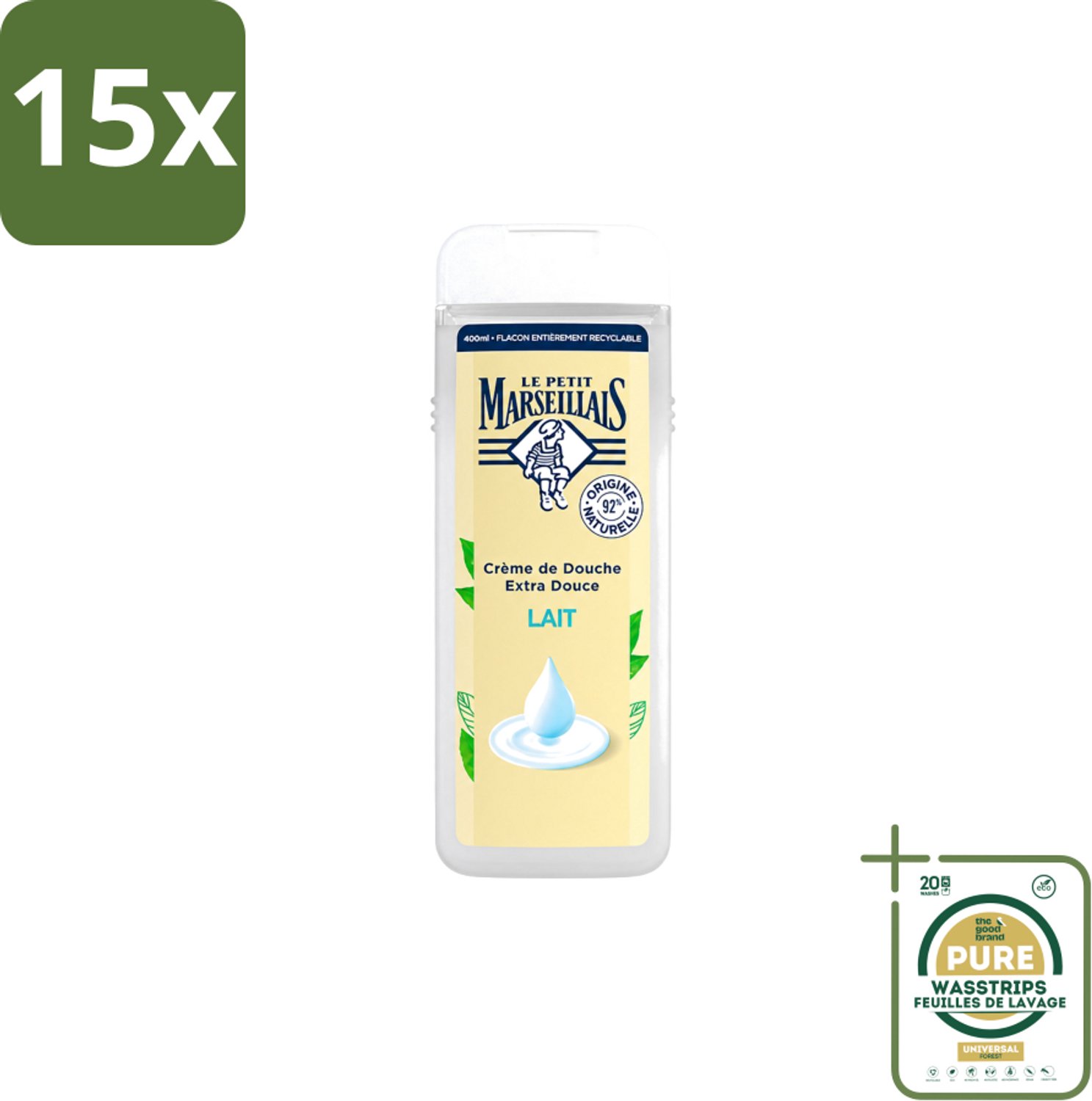 15 x Le Petit Marseillais – Douchecrème – Lait – 400 ml - Wasstrips - Douchecrème - Lait Douchecrème - Hydraterende Douchecrème - Zachte Douchecrème - Natuurlijke Douchecrème
