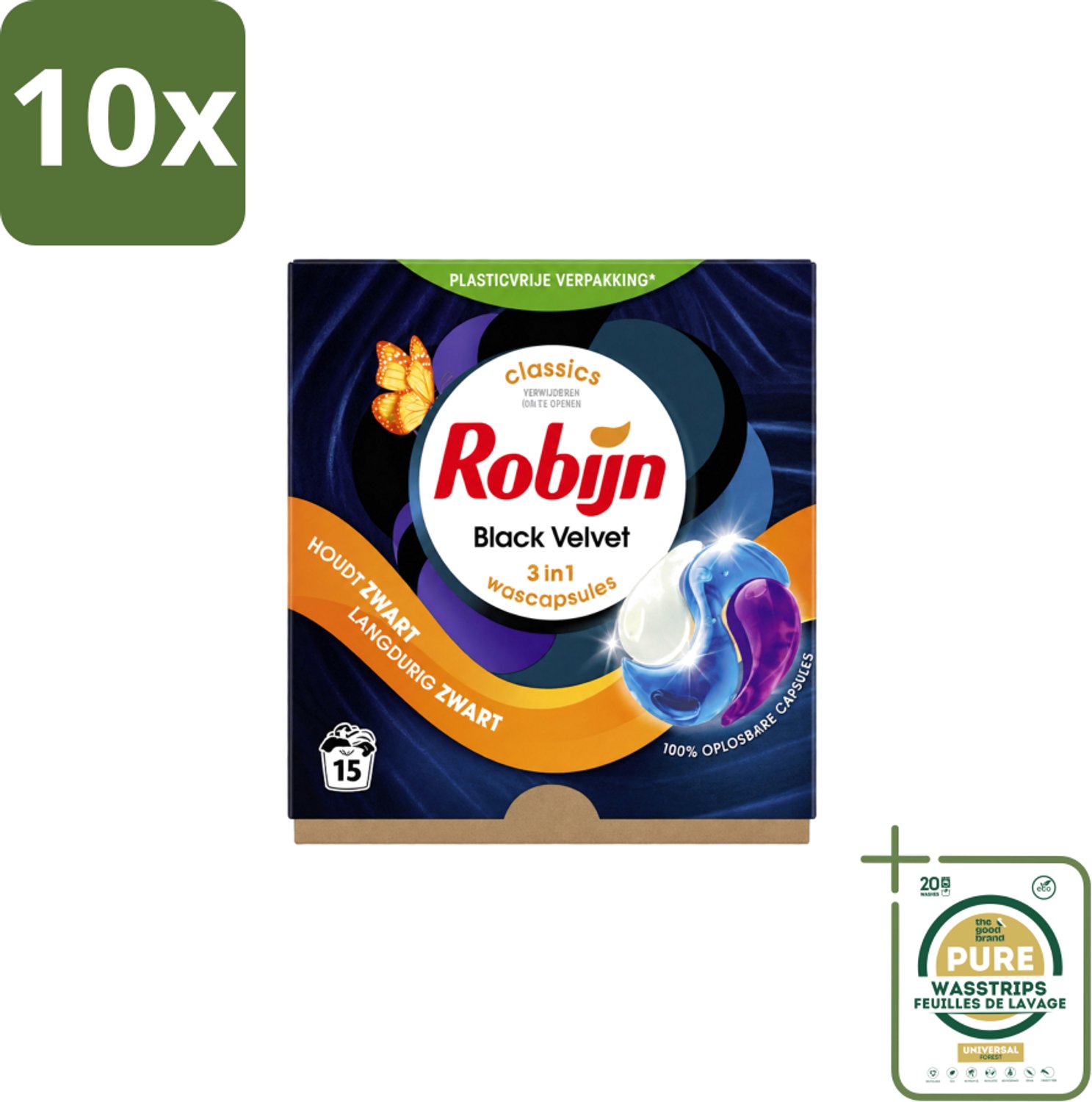 10 x Robijn – 3-in-1 Wascapsules – Black Velvet – 15 capsules - Wasstrips - Zwarte Was - Kleurbehoud - Wascapsules - Black Serum - Zwart Kleding