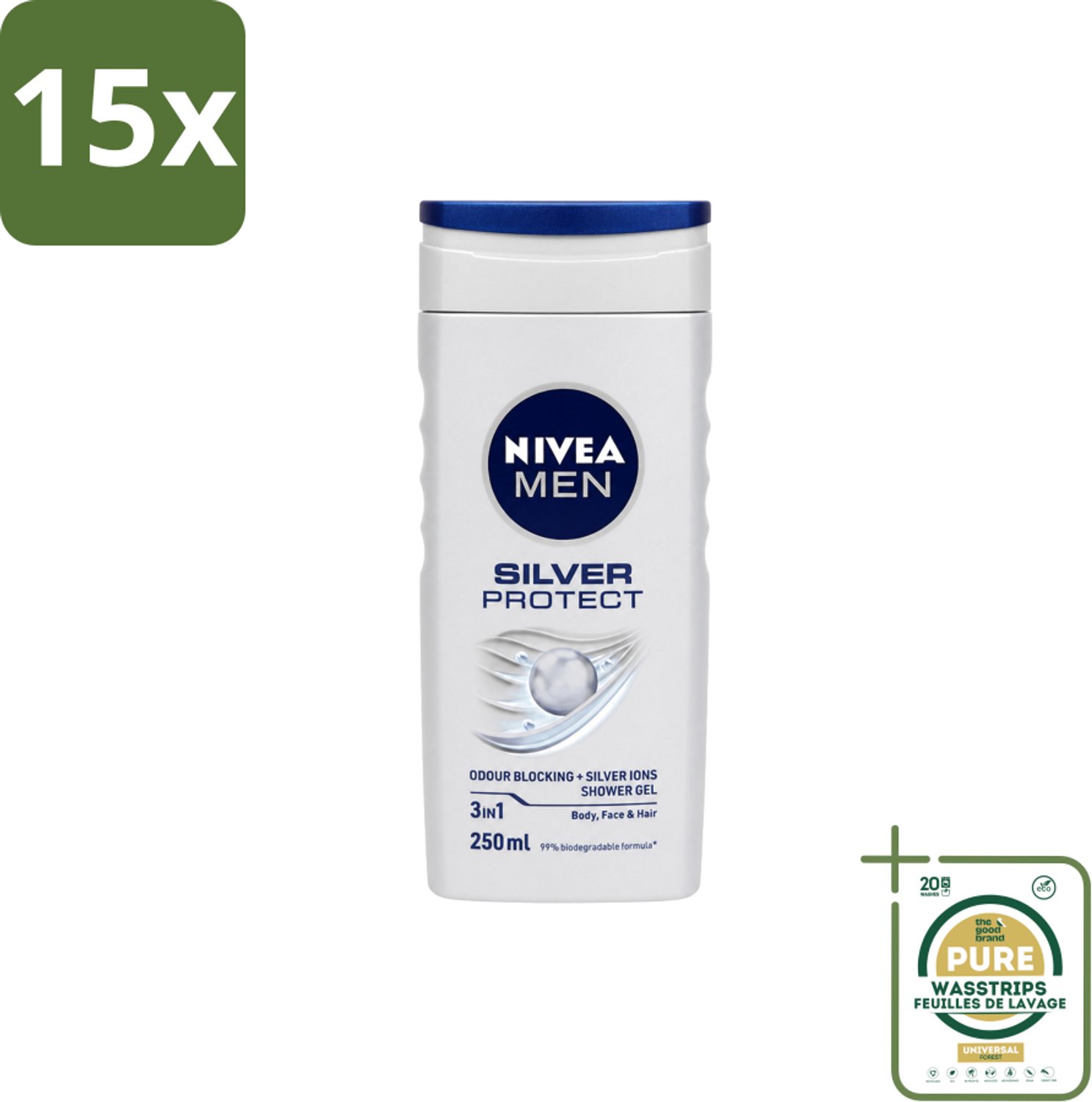 15 x Nivea Men – Douchegel – Silver Protect – 250 ml - Wasstrips - Douchegel Mannen - Zilverionen - Frisheid - Geurveroorzakende Bacteriën - 3-in-1 Douchegel