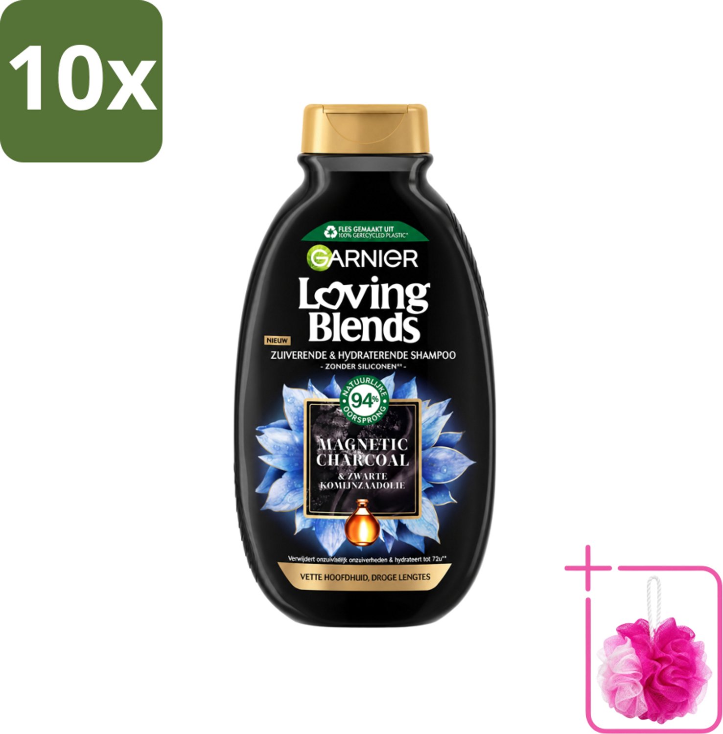 10 x Garnier - Loving Blends - Shampoo - Magnetic Charcoal - Vette Hoofdhuid & Droge Lengtes - 300 ml - Bulkverpakking - Shampoo voor vette hoofdhuid - Douchemop - Shampoo voor droge haar