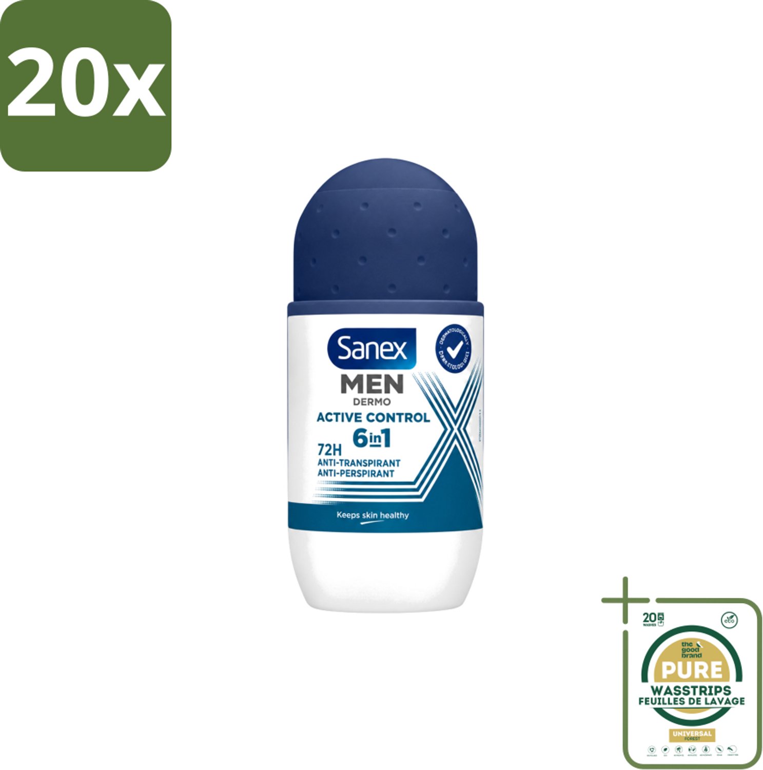 20 x Sanex Men – Deo Roll-on – Active Control – 53 ml - Wasstrips - Mannelijke Deodorant - Zweetbescherming - Okselbescherming - Huidcomfort - Anti-irritatie