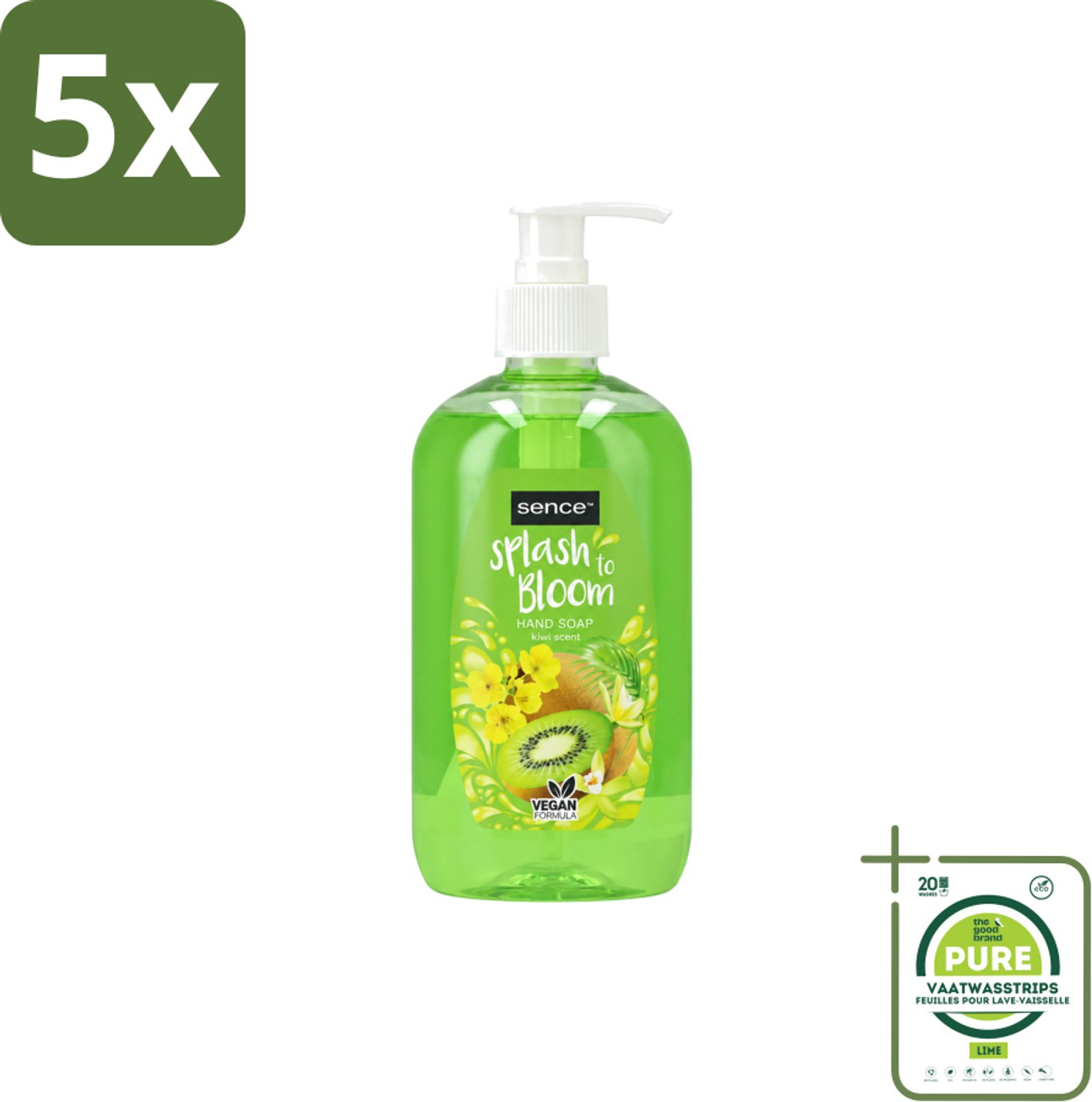 5 x Sence – Handzeep – Splash To Bloom Kiwi – 500 ml - Grootverpakking - Vaatwasstrips - Handzeep - Handen Reinigen - Handen Hydrateren - Kiwi Geur - Natuurlijke Handzeep