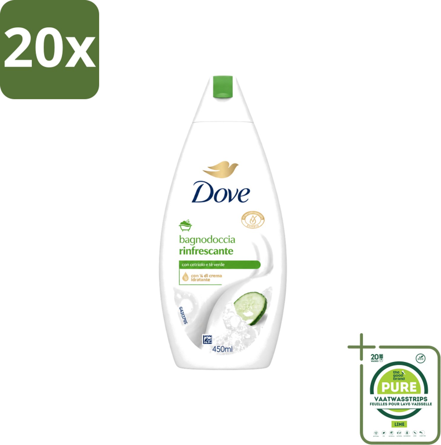 20 x Dove – Douchegel – Refreshing – 450 ml - Grootverpakking - Vaatwasstrips - Douchegel - Frisheid - Huidverzorging - Mild Reinigen - Schuim