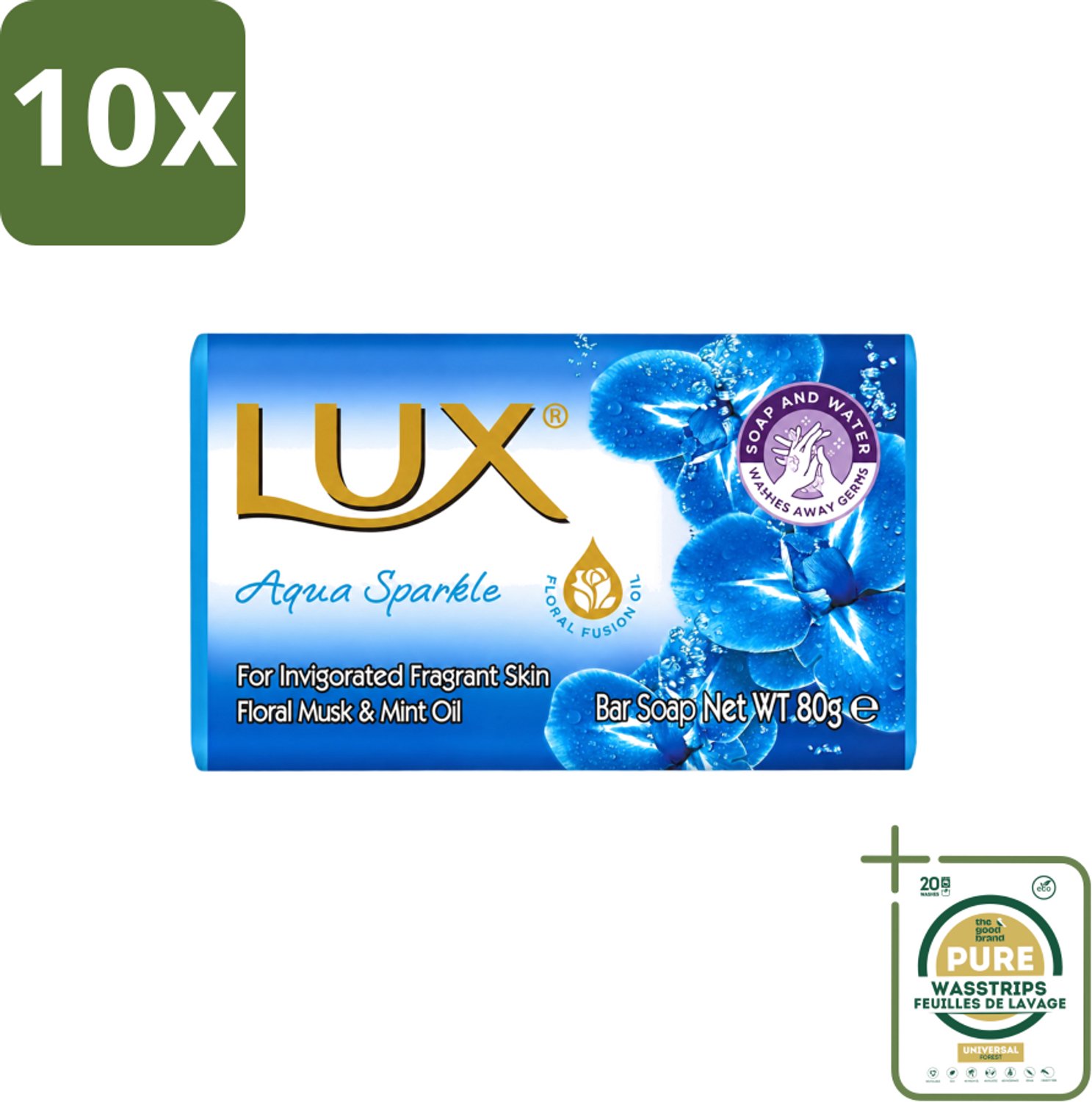 10 x Lux - Zeep - Aqua Sparkle - Hydraterend - Verkwikkende Geur - 80 g - Wasstrips - Zeep - Hydraterende Zeep - Verkwikkende Geur - Zeep Met Aromatische Oliën - Zeep Met Lotus-extract
