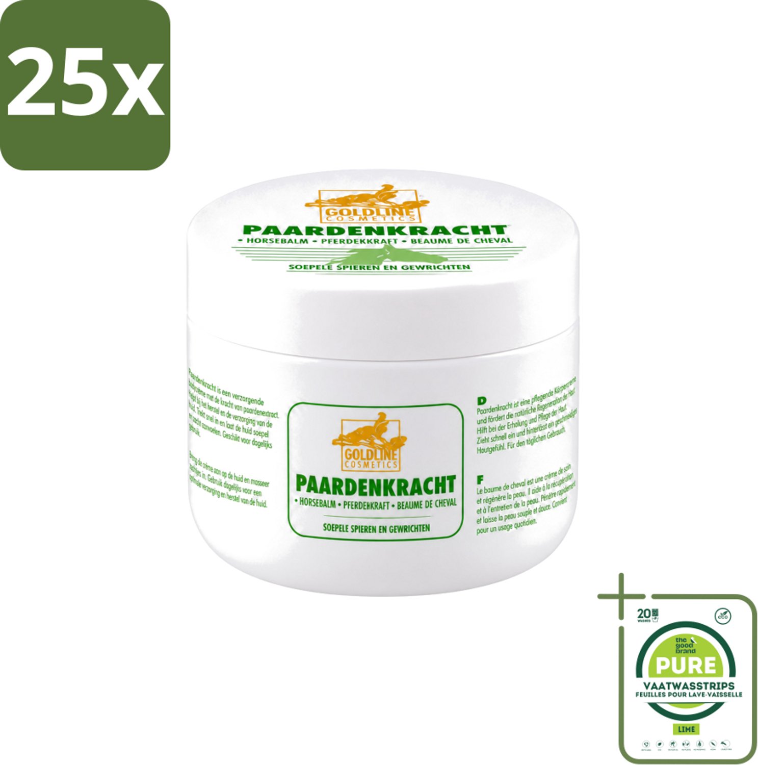 25 x Goldline - Bodycrème - Paardenkracht - Herstel & Verzorging - 250 ml - Grootverpakking - Vaatwasstrips - Paardenkracht Bodycrème - Huid Herstel - Huid Verzorging - Spieren Verzorgen - Gewrichten Verzorgen