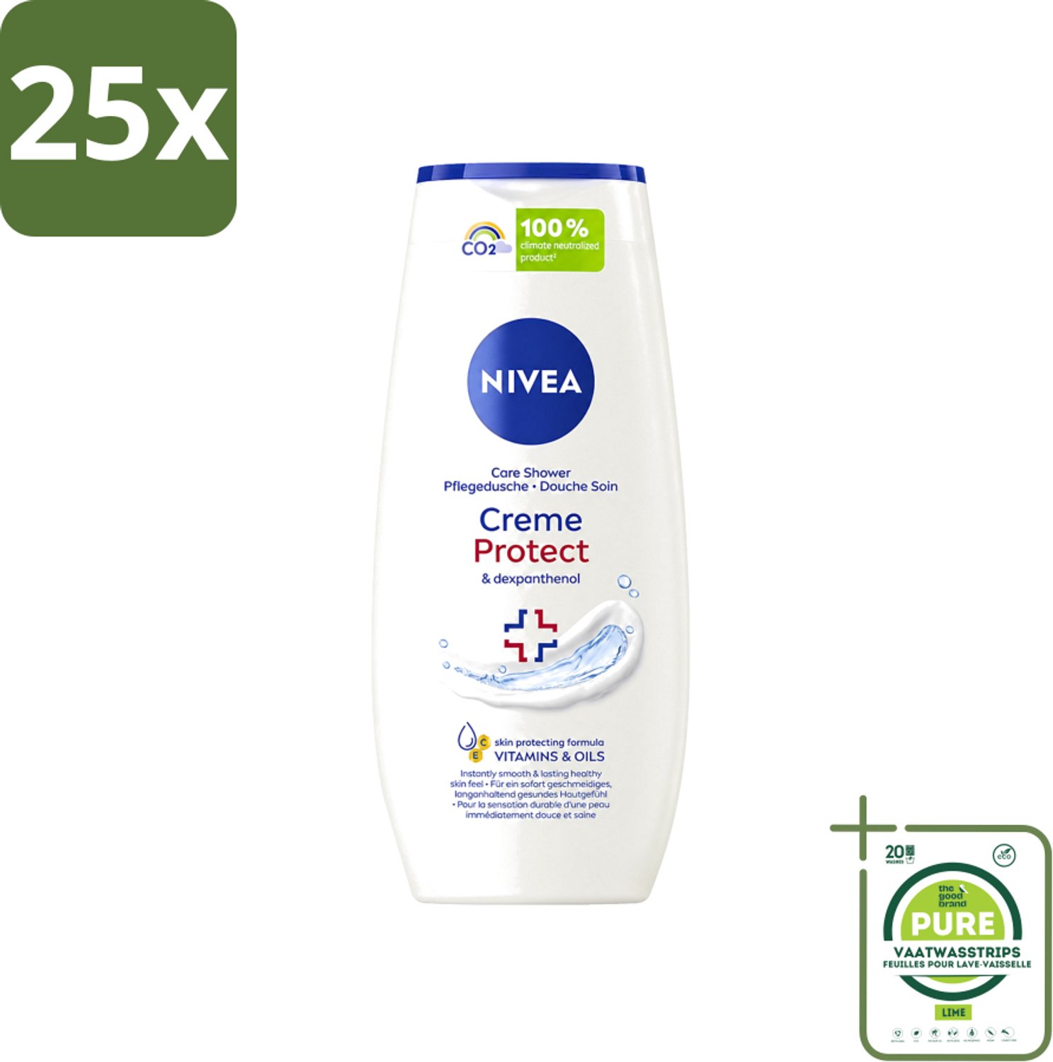 25 x Nivea - Douchegel - Crème Protect & Dexpantenol - Unieke Nivea Crème Geur - 250 ml - Grootverpakking - Vaatwasstrips - Douchegel - Huidverzorging - Vitamine C - Vitamine E - Olijfolie