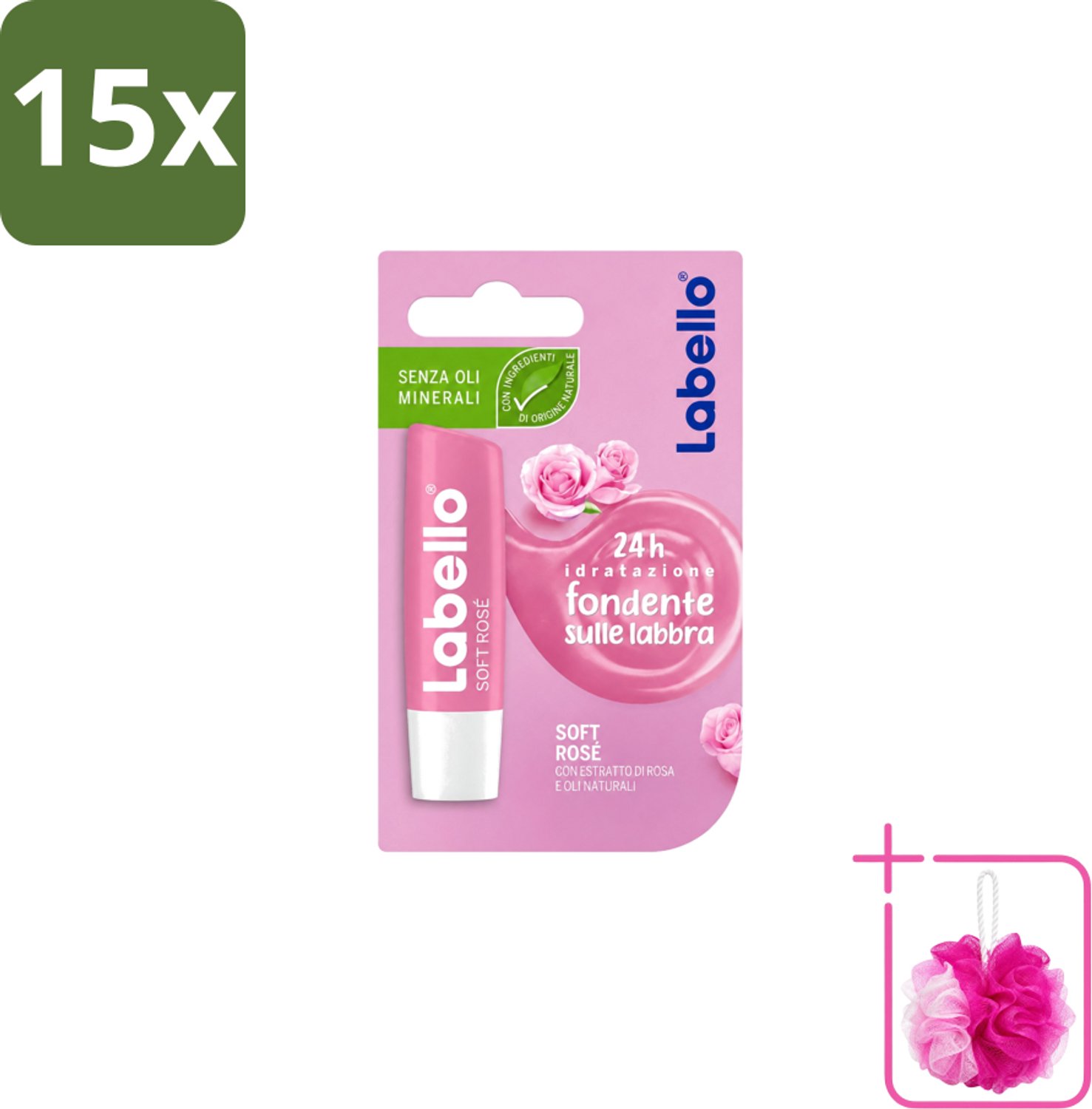 15 x Labello – Lippenbalsem – Soft Rosé - Bulkverpakking - Lippenbalsem - Douchemop - Hydratatie