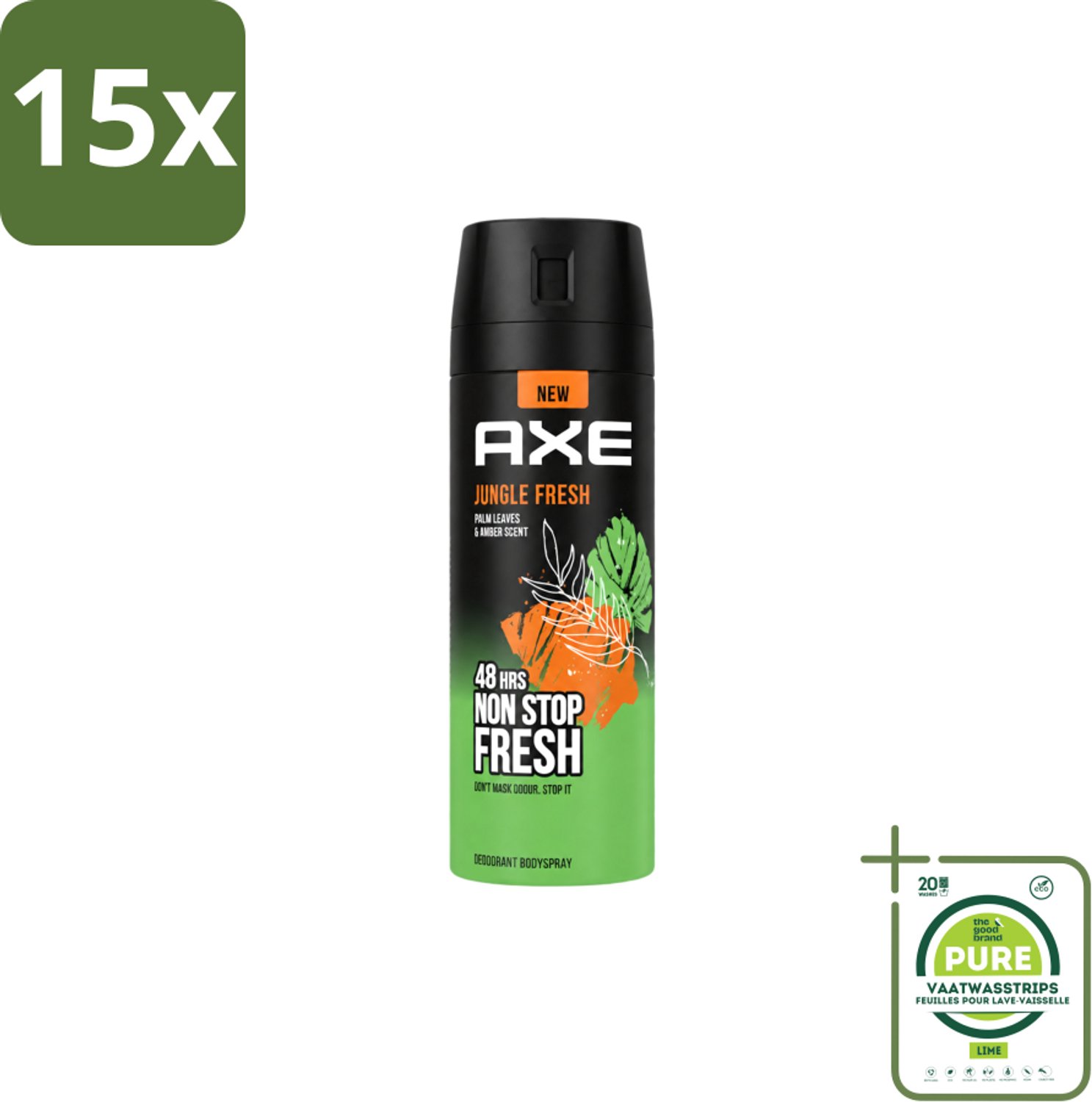 15 x Axe – Deodorant Bodyspray – Jungle Fresh – 150 ml - Grootverpakking - Vaatwasstrips - Frisse Geur - Lichaamsgeur Bestrijding - Zinktechnologie - Palmbladeren Geur - Amber Geur