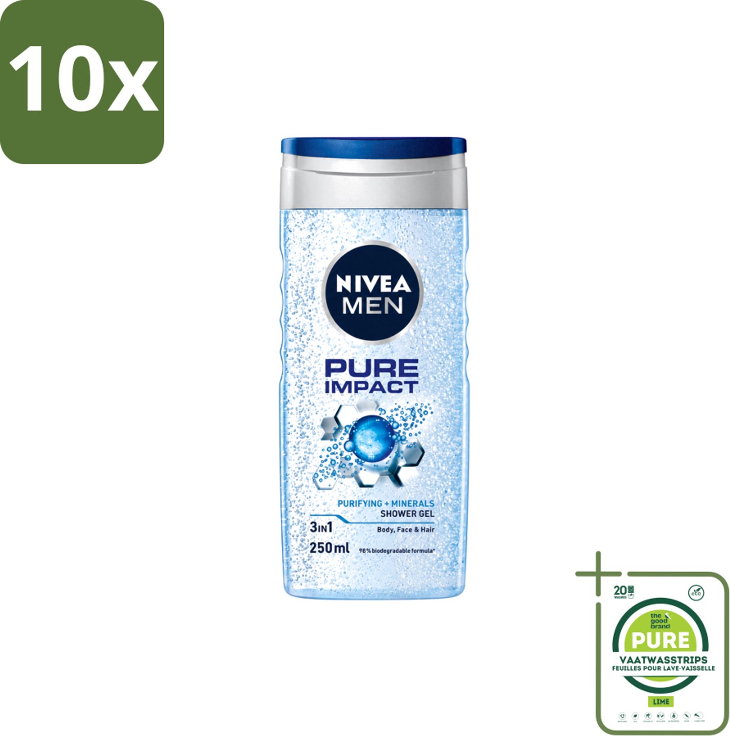 10 x Nivea Men – Douchegel – Pure Impact – 250 ml - Grootverpakking - Vaatwasstrips - Douchegel - Reiniging - Zweet Verwijderen - Vuil Verwijderen - Fris Huidgevoel