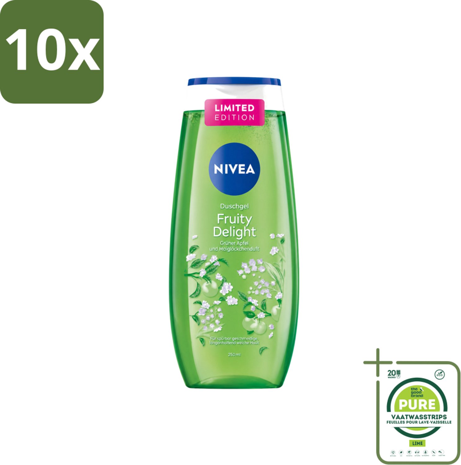10 x Nivea – Douchegel – Fruity Delight – 250 ml - Grootverpakking - Vaatwasstrips - Douchegel - Fruitige Geur - Huidverzorging - Verfrissend - Mild Reinigen