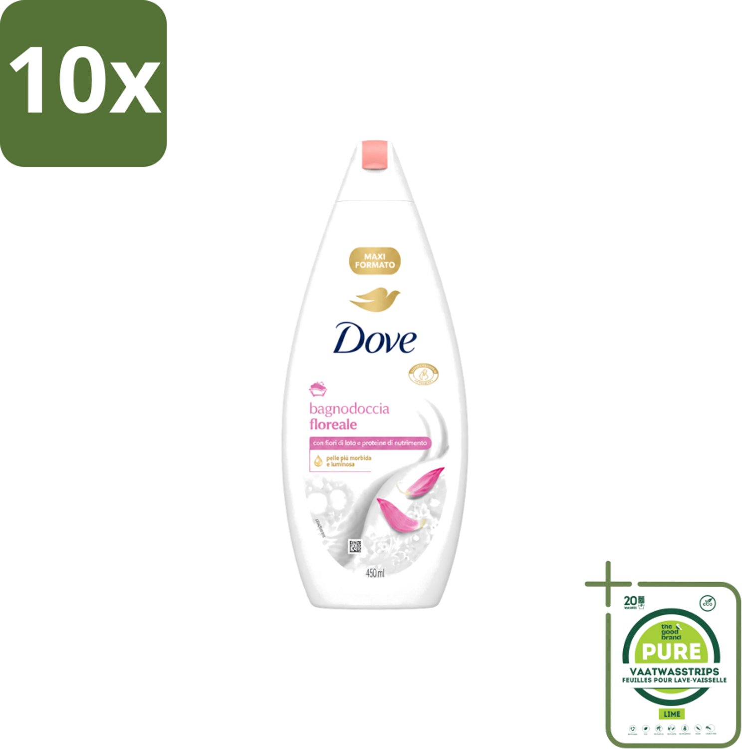 10 x Dove – Douchegel – Lotus Bloem – 450 ml - Grootverpakking - Vaatwasstrips - Douchegel Lotus Bloem - Mild Reinigen - Huid Verzorgen - Hydraterende Douchegel - Lotusbloem Geur