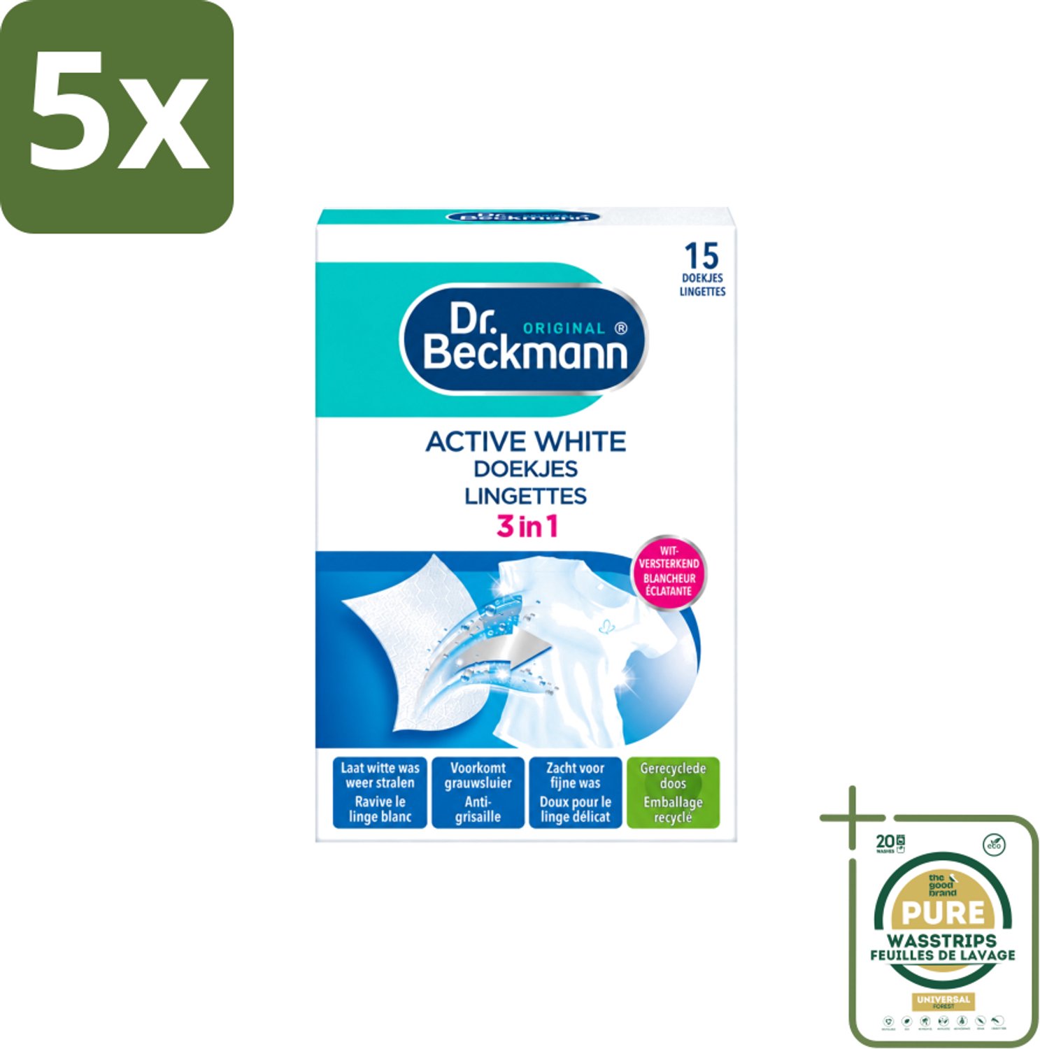 5 x Dr. Beckmann - Kleurverzorging - Active White - Witte Was - 15 Doekjes - Wasstrips - Witwas - Grauwsluier Verwijderen - Witte Was Herstellen - Actieve Witmaker - Was Reinigen