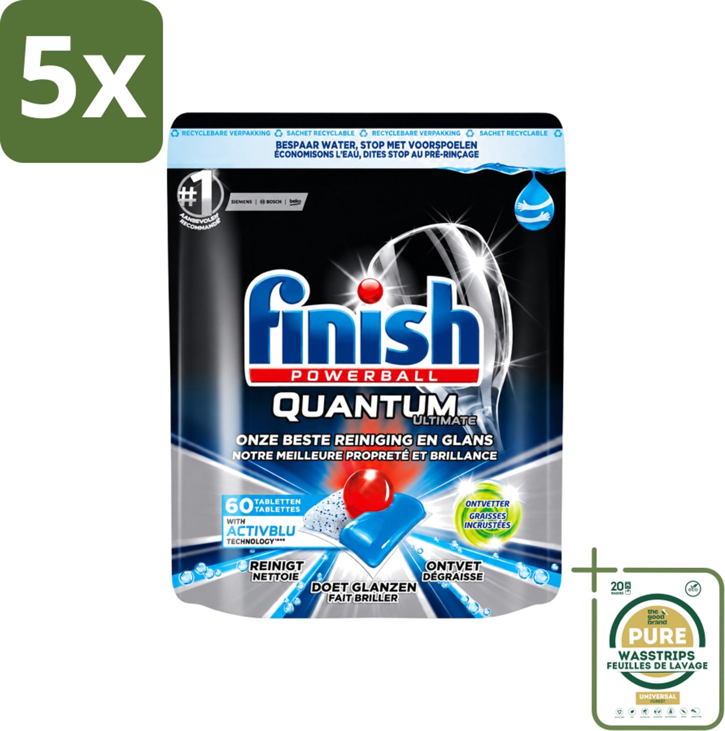 5 x Finish Powerball - Quantum Ultimate - Vaatwastabletten - Ontvetter - 60 Tabletten - Wasstrips - Vaatwasmiddel - Vaatwastablet - Ontvetter - Vaat Reinigen - Vaatwasser