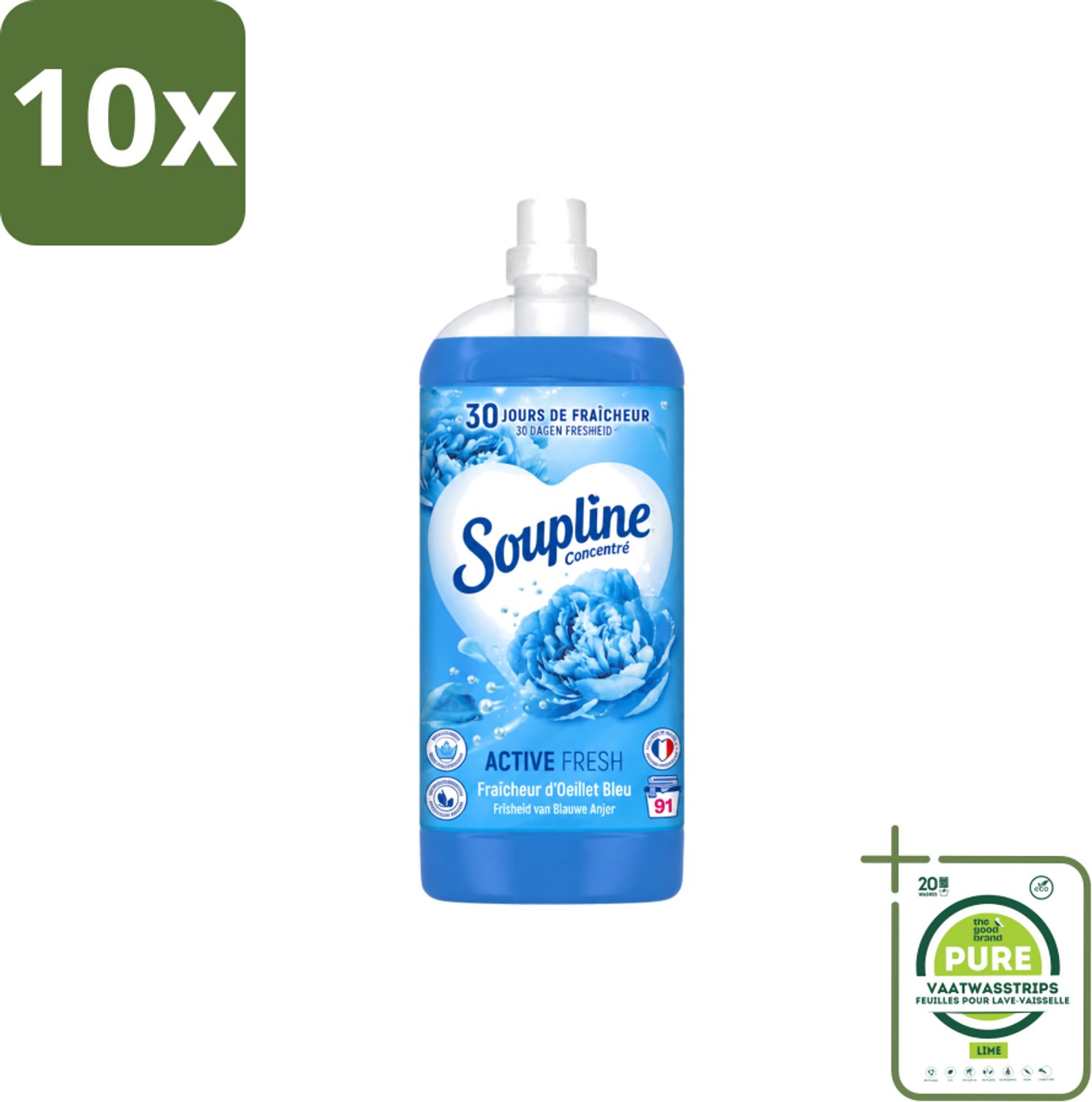 10 x Soupline – Wasverzachter – Active Fresh Frisheid van Blauwe Anjer – 2 L - Grootverpakking - Vaatwasstrips - Wasverzachter - Frisheid - Blauwe Anjer - Wasgoed - Kleding