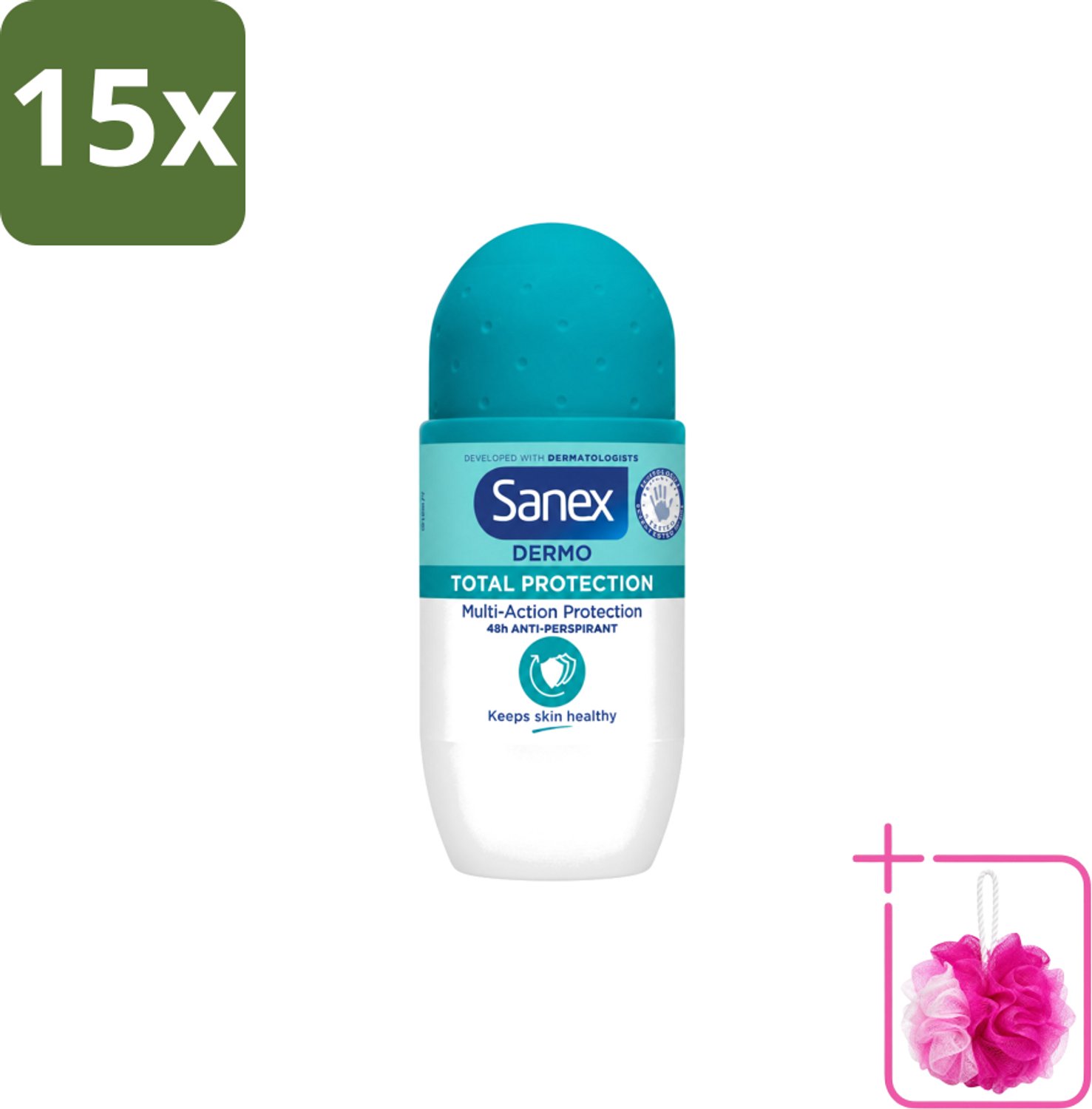 15 x Sanex – Deodorant Roll-On – Dermo Total Protection – 50 ml - Bulkverpakking - Douche - Douchemop - Deodorant roll-on