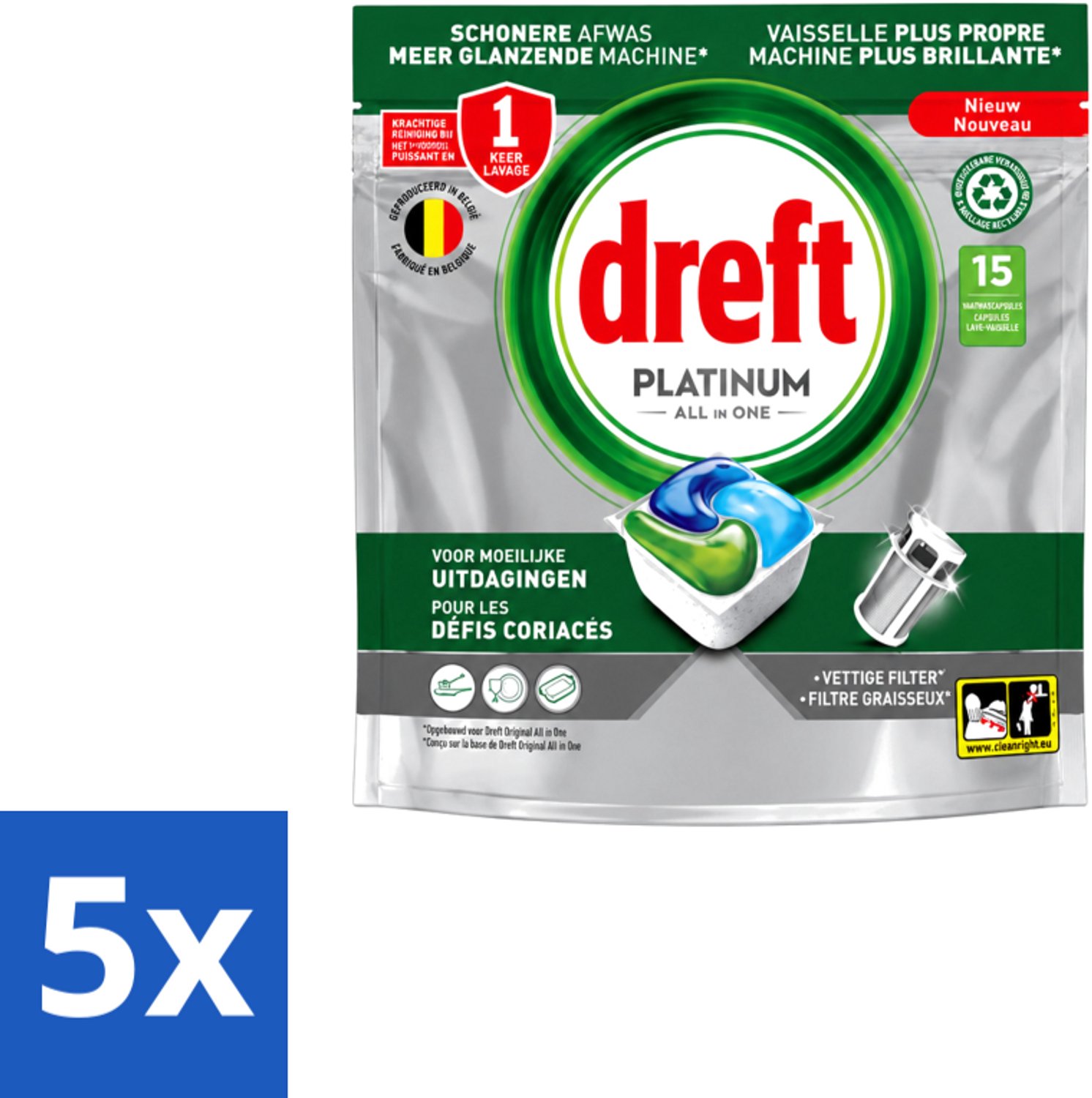 5 x Dreft – Vaatwascapsules – Platinum All-in-One – 15 Capsules - Voordeelverpakking - 5 stuks
