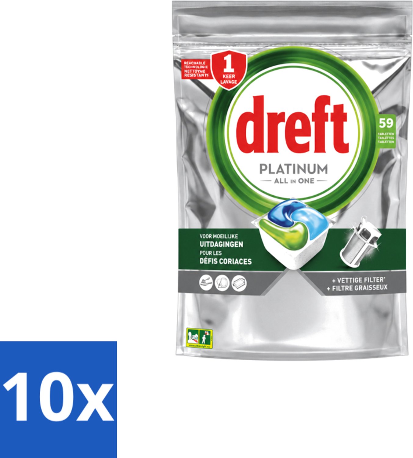 10 x Dreft – Vaatwastabletten – Platinum All-in-One Original – 59 Tabletten - Voordeelverpakking - 10 stuks
