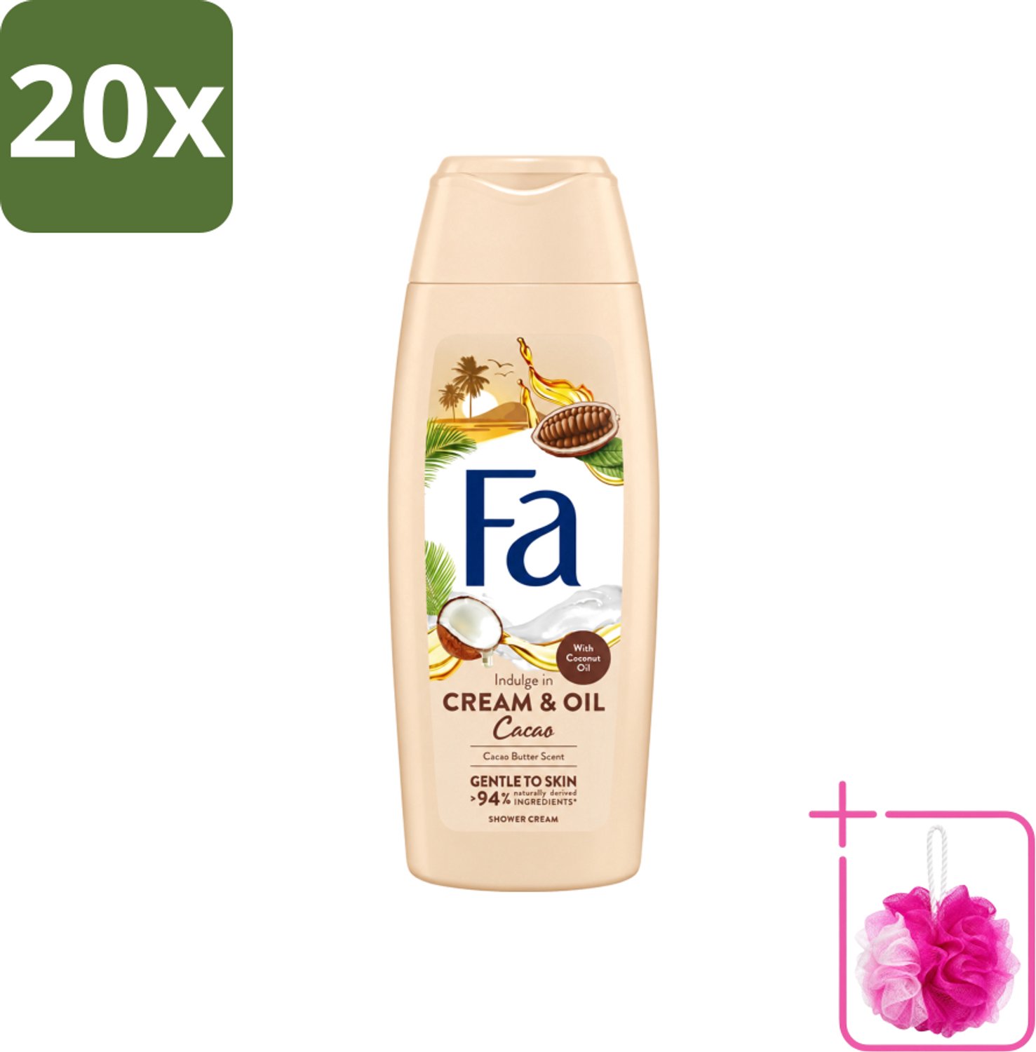 20 x Fa - Cream & Oil Cacao - Douchecrème - Cacaoboter Met Kokosolie - 250 ml - Bulkverpakking - Douchecrème - Douchemop - Cacaoboter