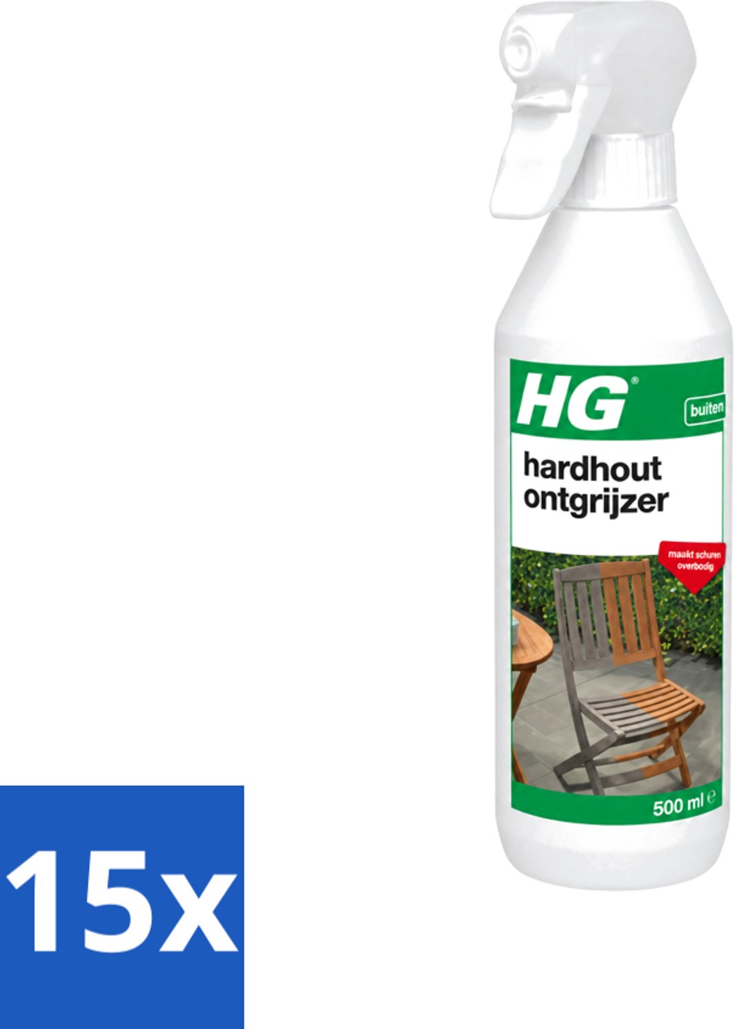 15 x HG - Buiten - Hardhout Ontgrijzer - Maakt Schuren Overbodig - 500 ml - Voordeelverpakking - 15 stuks