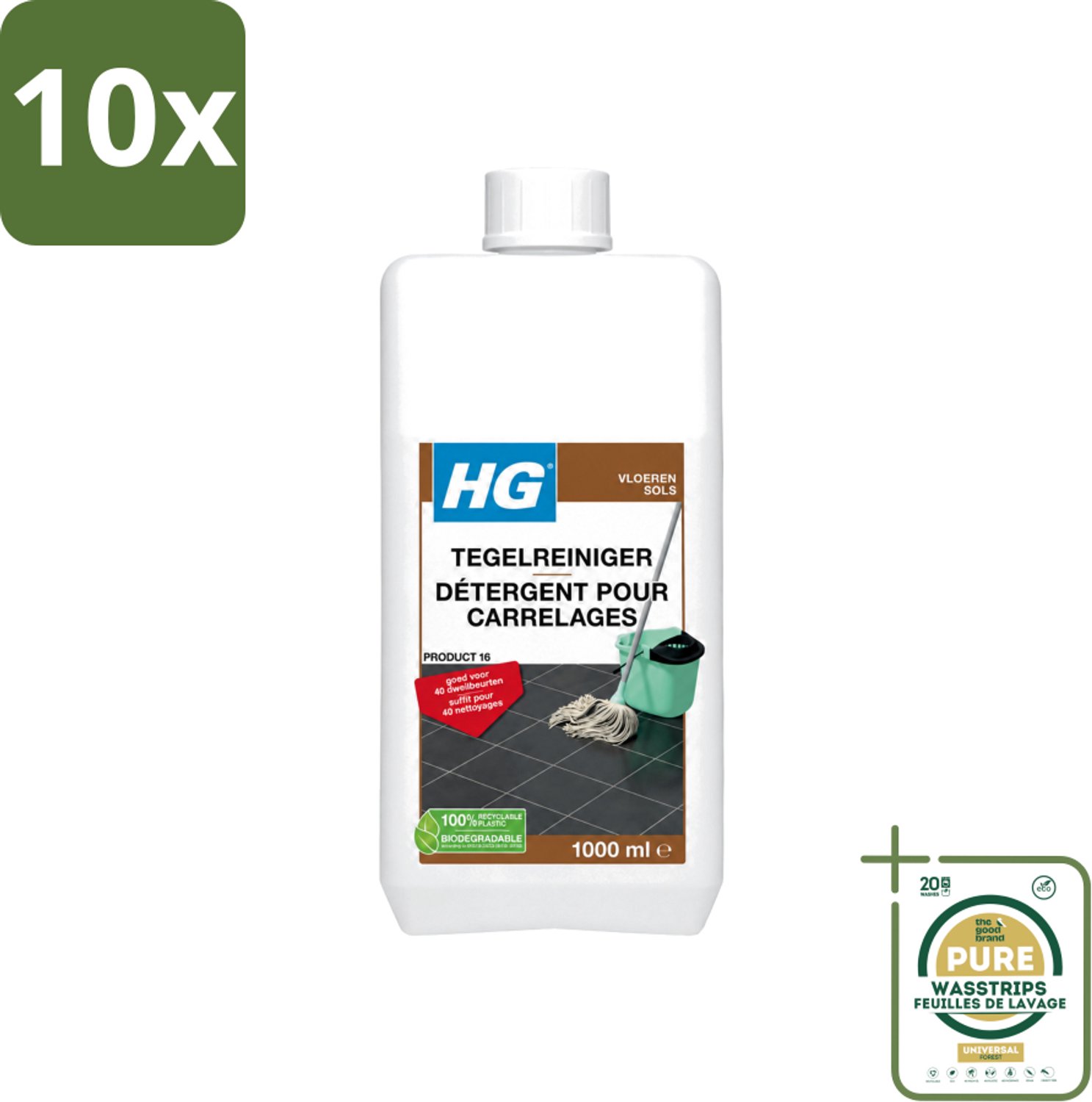 10 x HG - Vloeren - Tegelreiniger - 40 Dweilbeurten - 1L - Wasstrips - Tegelreiniger - Vloerreiniger - Dweilreiniger - Tegelvloer - Natuursteen