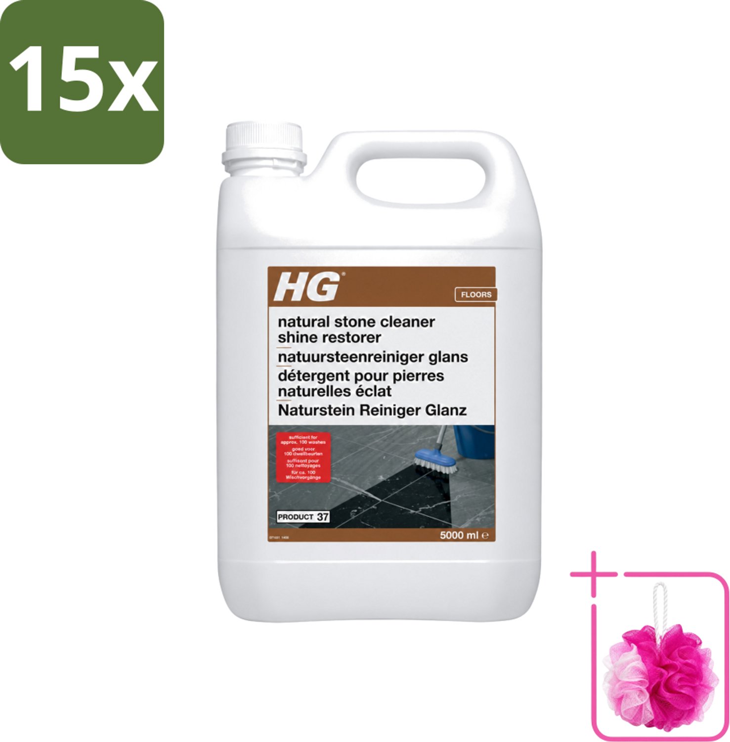 15 x HG - Natuursteenreiniger Glans - 40 Dweilbeurten - 5L - Bulkverpakking - Natuursteen reinigen - Douchemop - Marmer reinigen
