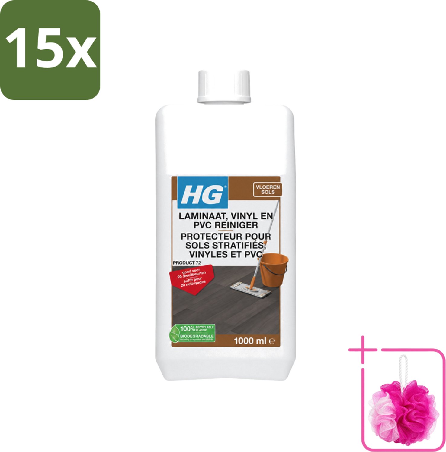 15 x HG - Laminaat, Vinyl & PVC Reiniger - Frisse Geur - Reinigt Streeploos - 20 Dweilbeurten - 1L - Bulkverpakking - Laminaatreiniger - Douchemop - Vloerreiniger