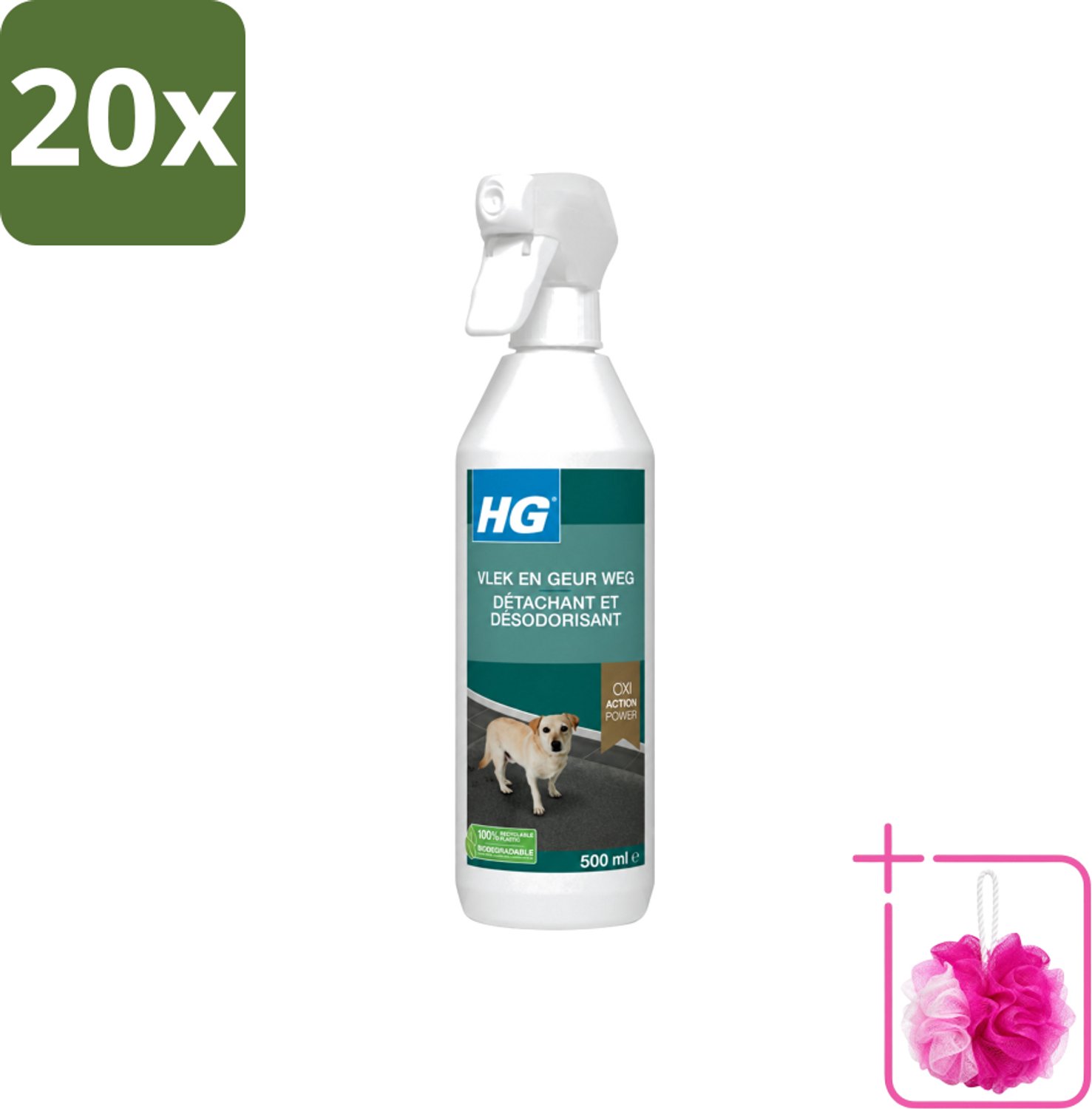 20 x HG - Vlek & Geur Weg Spray - Hond - Oxi Action Power - Hardnekkige Werking - 500 ml - Bulkverpakking - Hondvlek weg - Douchemop - Hondgeur weg
