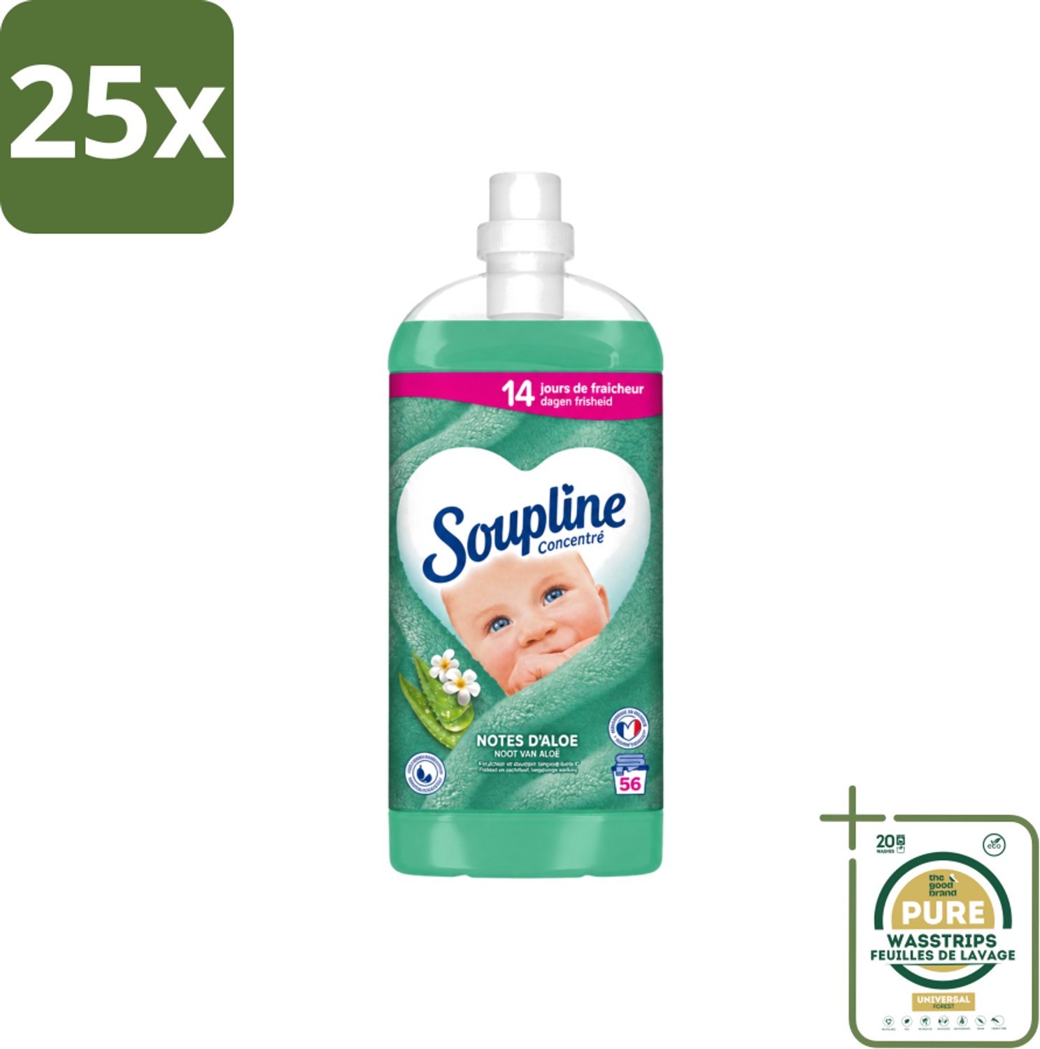 25 x Soupline - Wasverzachter - Aloë Vera - 56 Wasbeurten - 1.3L - Wasstrips - Wasverzachter Aloë Vera - Frisse Geur - Zachte Kleding - 14 Dagen Frisheid - Natuurlijke Geur