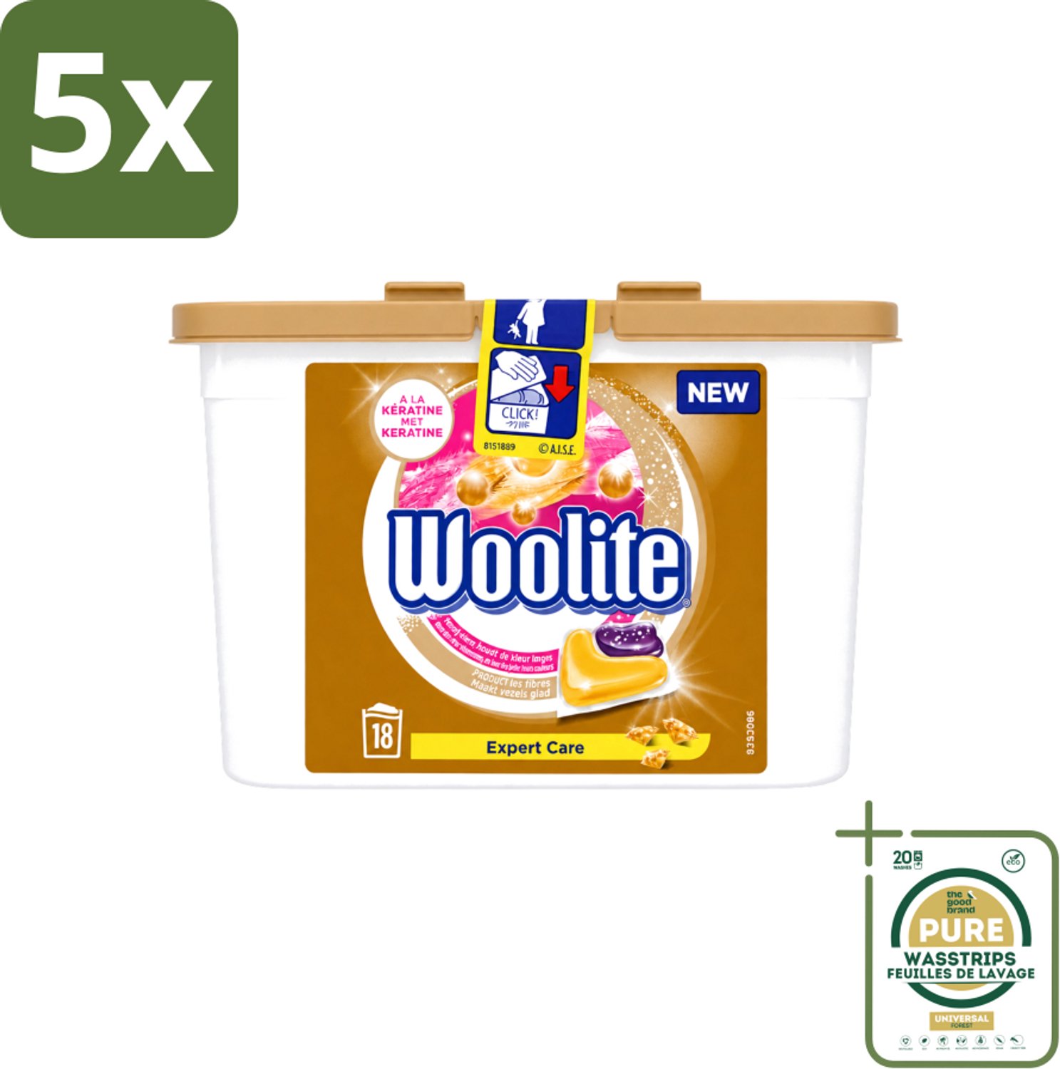 5 x Woolite Expert Care - Wasmiddelcapsules - Met Keratine - Delicate Was - 18 Wasbeurten - Wasstrips - Delicate Was - Keratine Wasmiddel - Wasmiddel Voor Zijde - Wasmiddel Voor Wol - Wasmiddel Voor Lingerie