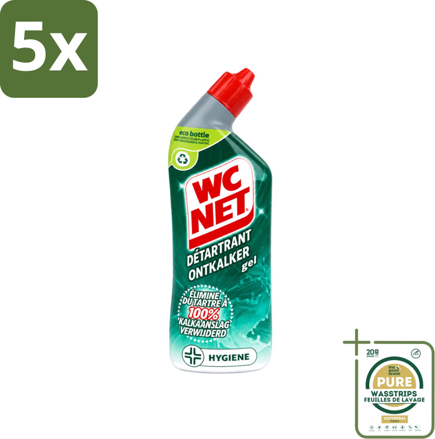 5 x WC Net - Toiletreiniger - Gel - Ontkalkt - Gerecycled Materiaal - 750 ml - Wasstrips - WC Net Ontkalker - Toilet Reinigen - Kalk Verwijderen - Toilet Reinigingsgel - Toilet Ontkalken