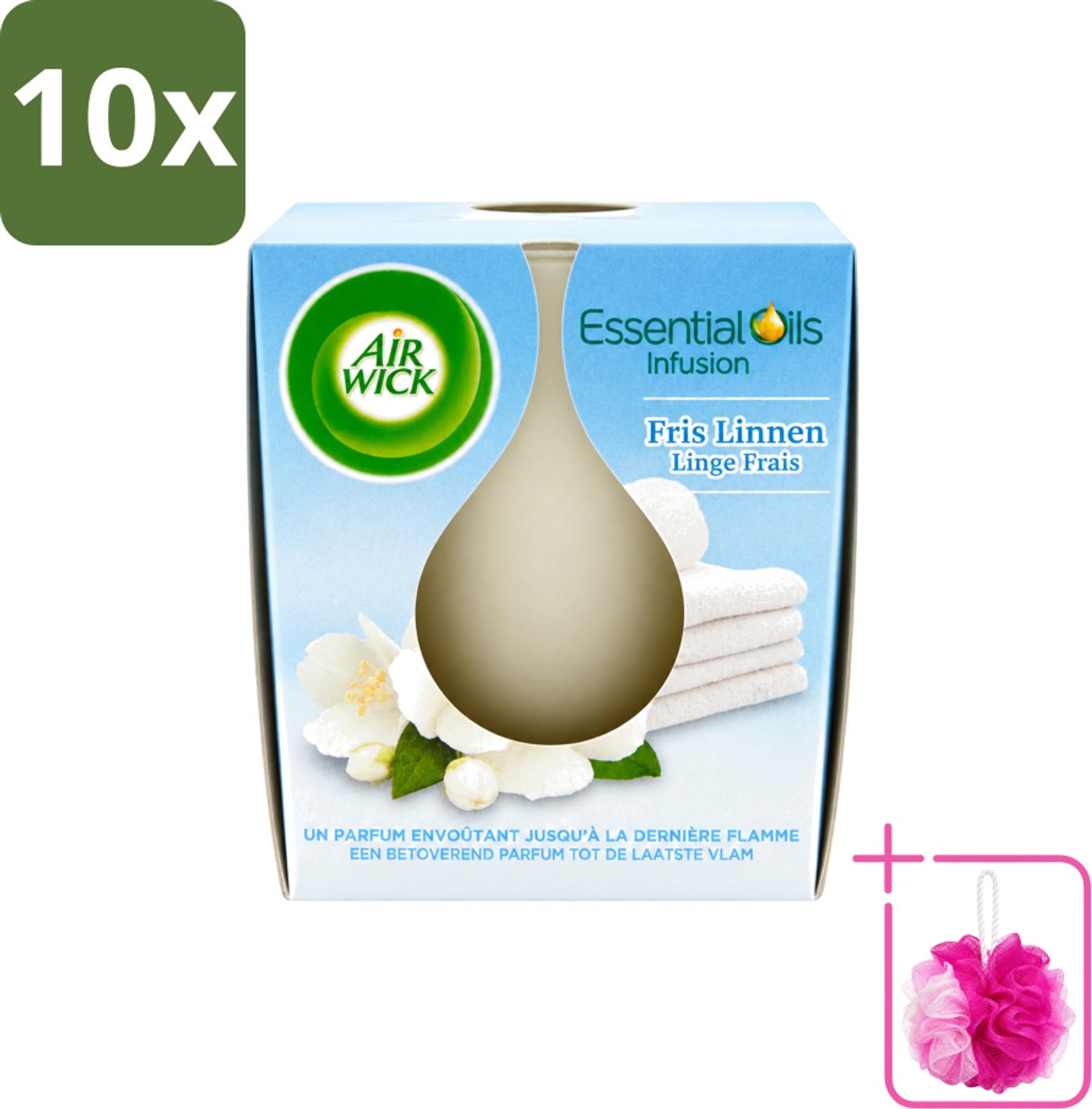 Air Wick 10 x Air Wick – Geurkaars – Fris Linnen met Essentiële Oliën – 105 g - Bulkverpakking - Geurkaars - Douchemop - Fris linnen Wit