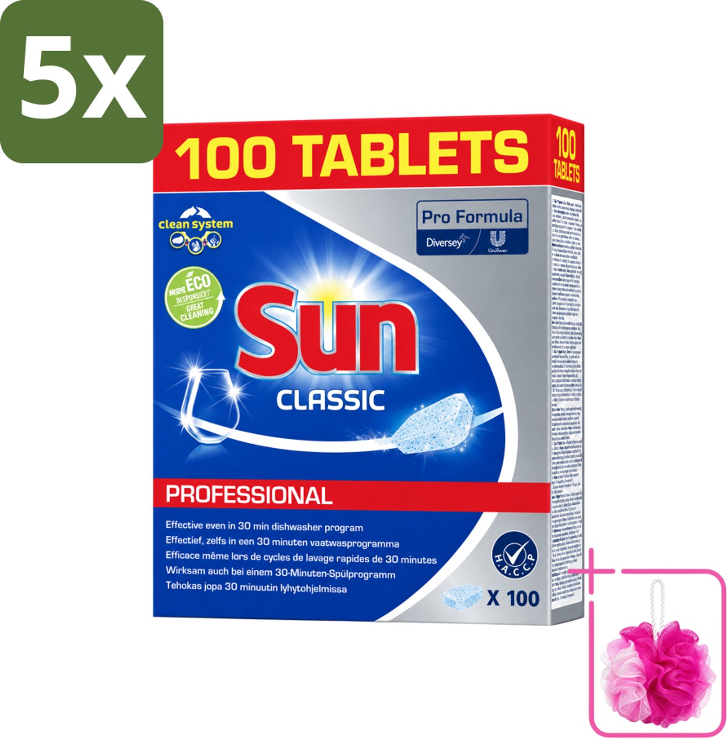 5 x Sun Classic - Pro Formula - Vaatwastabletten - 100 Tabletten - Bulkverpakking - Vaatwastabletten - Douchemop - Vaatwasser