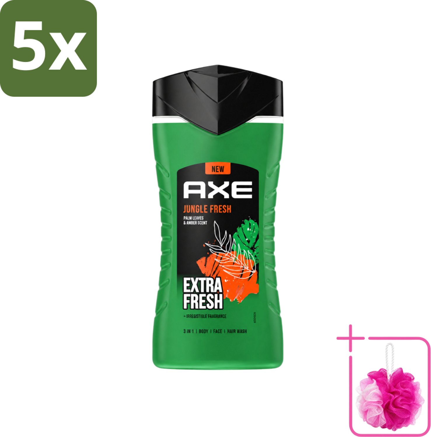 5 x Axe - 3-in-1 Douchegel - Jungle Fresh - Palm Leaves & Amber - Extra Fresh - 250 ml - Bulkverpakking - Douchegel - Douchemop - Lichaam
