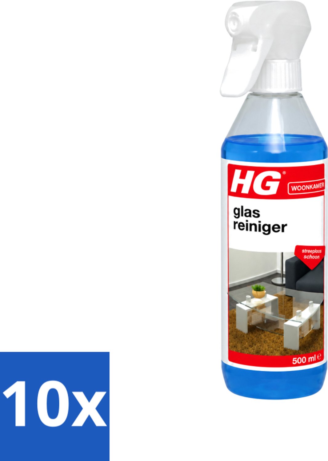 10 x HG - Glasreiniger Spray - Streeploos Schoon - Ontvet & Droogt Snel - 500 ml - Voordeelverpakking - 10 stuks