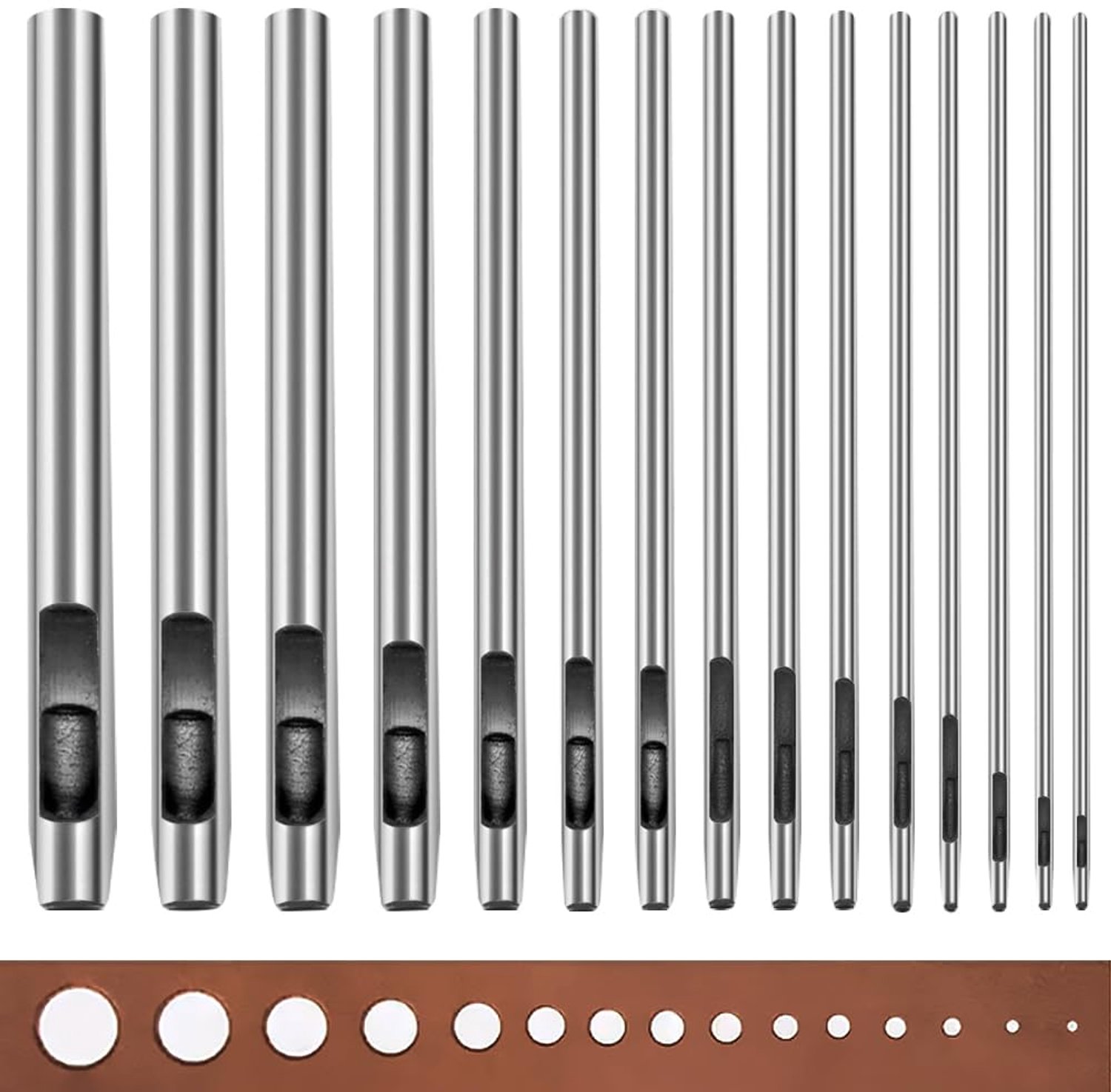 15-delige holle perforator van leer, ronde stalen pons, set 0,5 mm - 6 mm, lederwaren, gebruikt voor leer, riemen, stoffen, canvas, karton