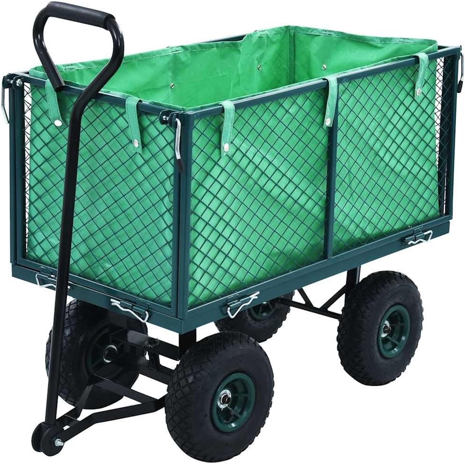 Bolderkar, handwagen met 350 kg draagkracht, robuuste transportwagen van staal met luchtbanden en inklapbare zijwanden voor tuin, groen