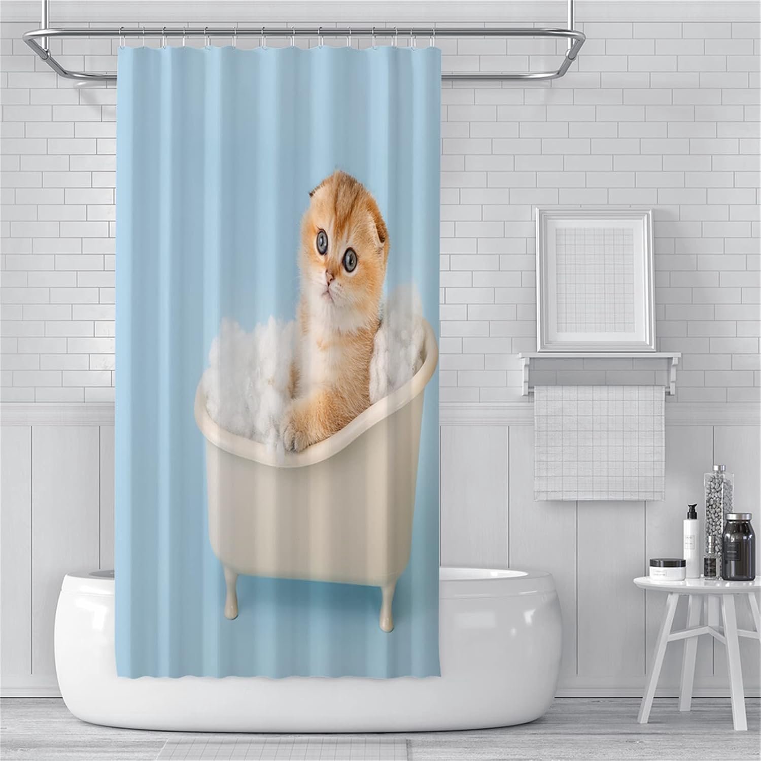 Douchegordijnen, schimmelbestendig, waterdicht, wasbare badkamergordijnen, gewogen badgordijnen met haken, 3D tuin buitendouche gordijn kitten blauw