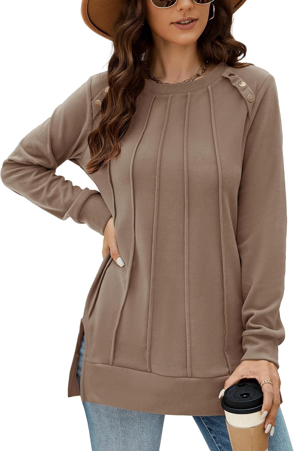 Shirt met ronde hals, plooien voor, casual
