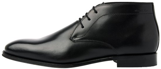 Zwarte leren veterschoen van opzij gezien met gladde afwerking en Van Lier logo.