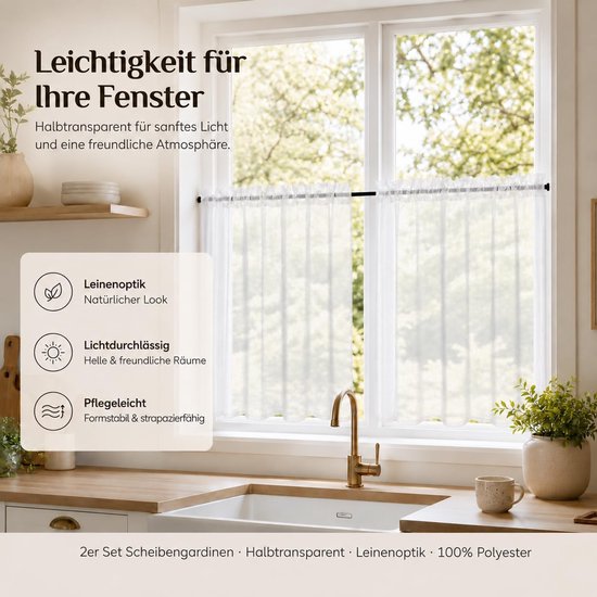 2-delige gordijnen, linnenlook, 90 x 60 cm, wit — afbeelding 2