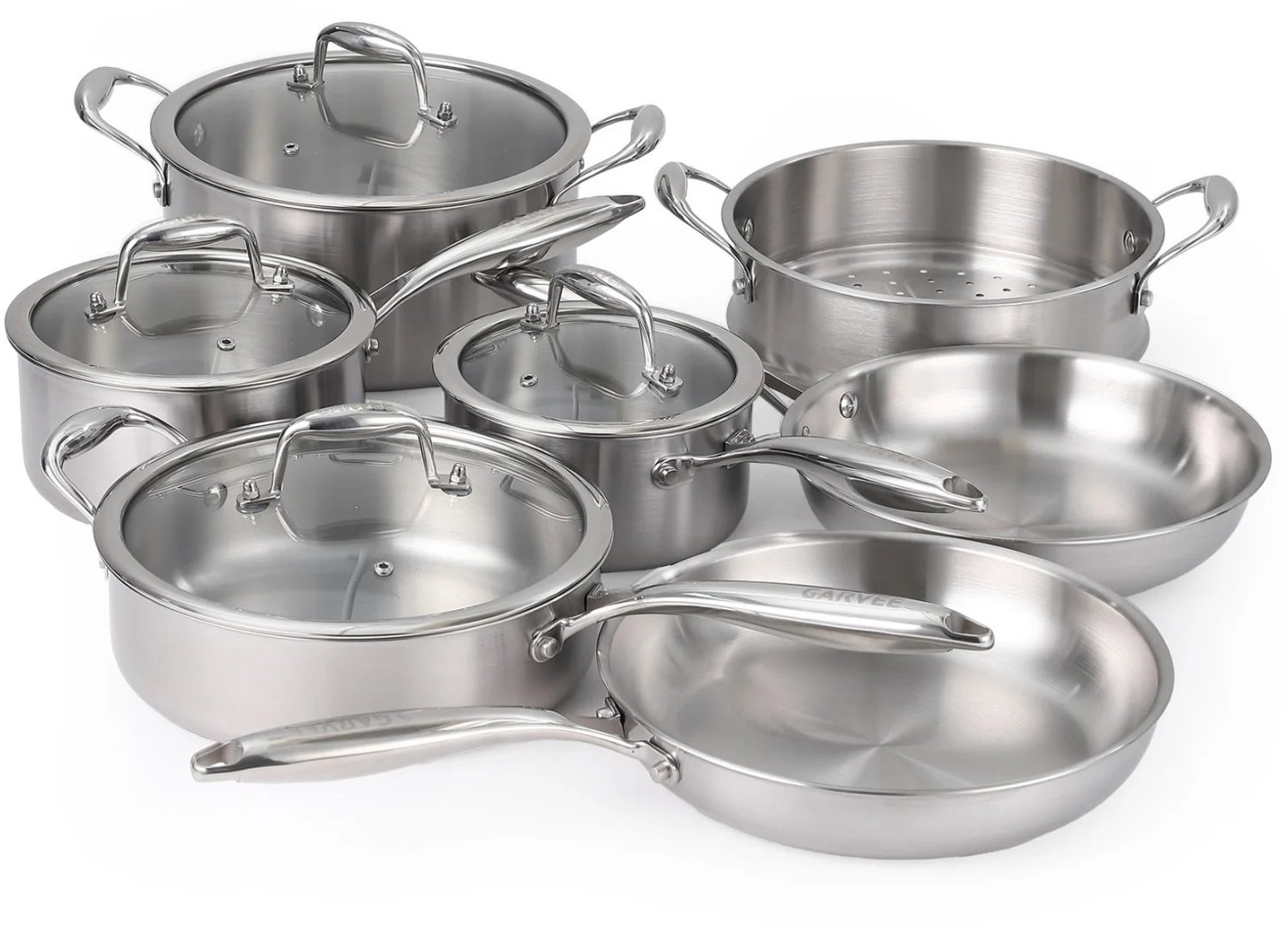 Velmio 11-delige Kookpannenset - Kookpottenset - Kookpan - Koekenpan - RVS Pannen - Pannenset - Voor Inductie en Gasfornuis - Inclusief Braadpannen, Sauteerpan & Kookpot - Kookpotten met Glazen Deksel en Stoomafvoer - Vaatwasserbestendig
