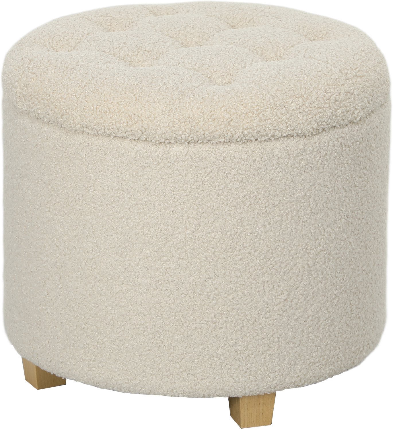 Homona Ronde opbergpoef - Met deksel en houten poten - 40,5 liter - Ø45 x 41 cm - Crèmewit